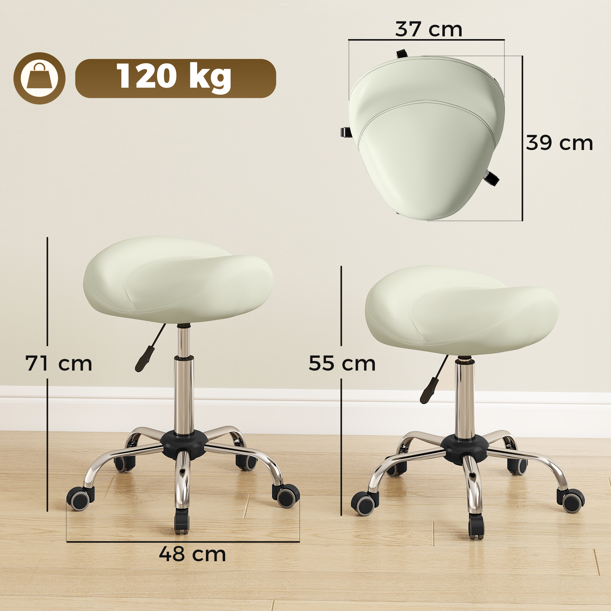 Sattelstuhl, höhenverstellbarer Rollstuhl mit PU-Leder für Massage, Spa, Klinik, Beauty und Tattoo, Cremeweiß