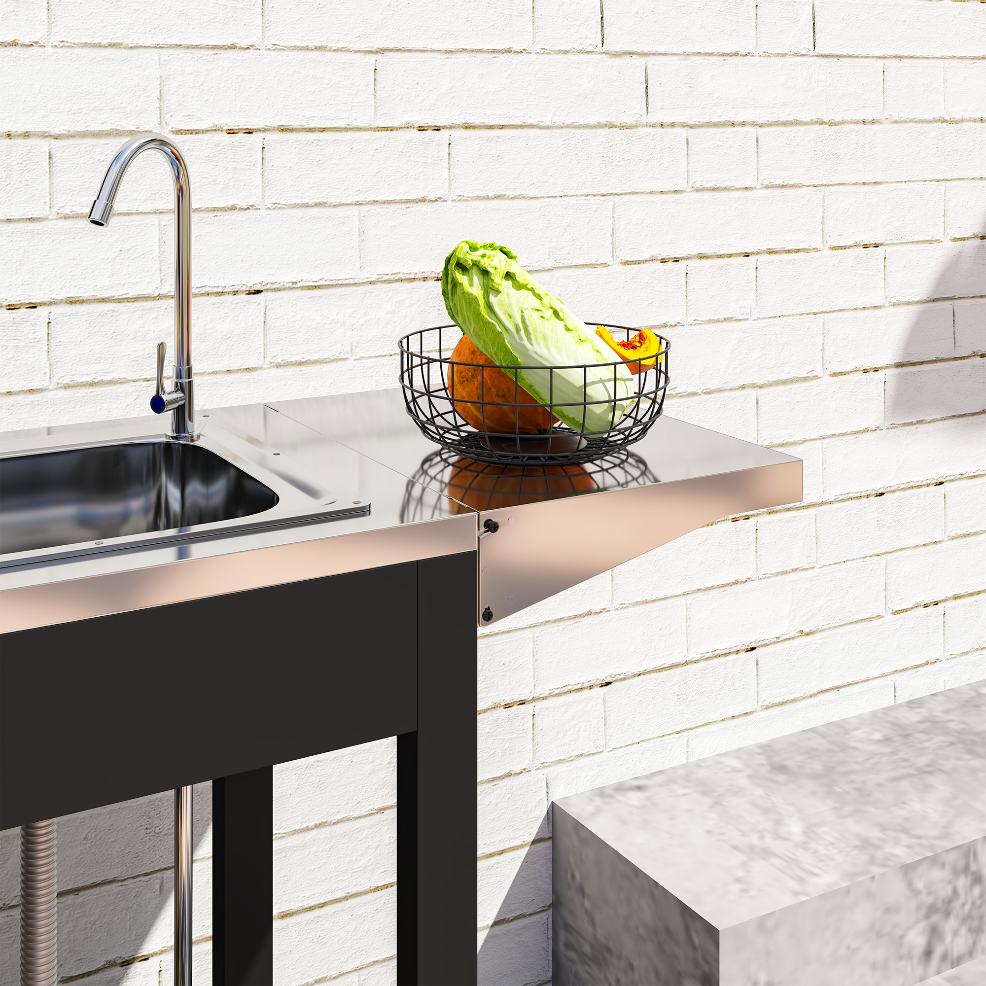 Grillwagen Servierwagen mit Arbeitsfläche Seitenblatt Schrank Spüle Räder, Edelstahl 162,5x47x87cm Schwarz