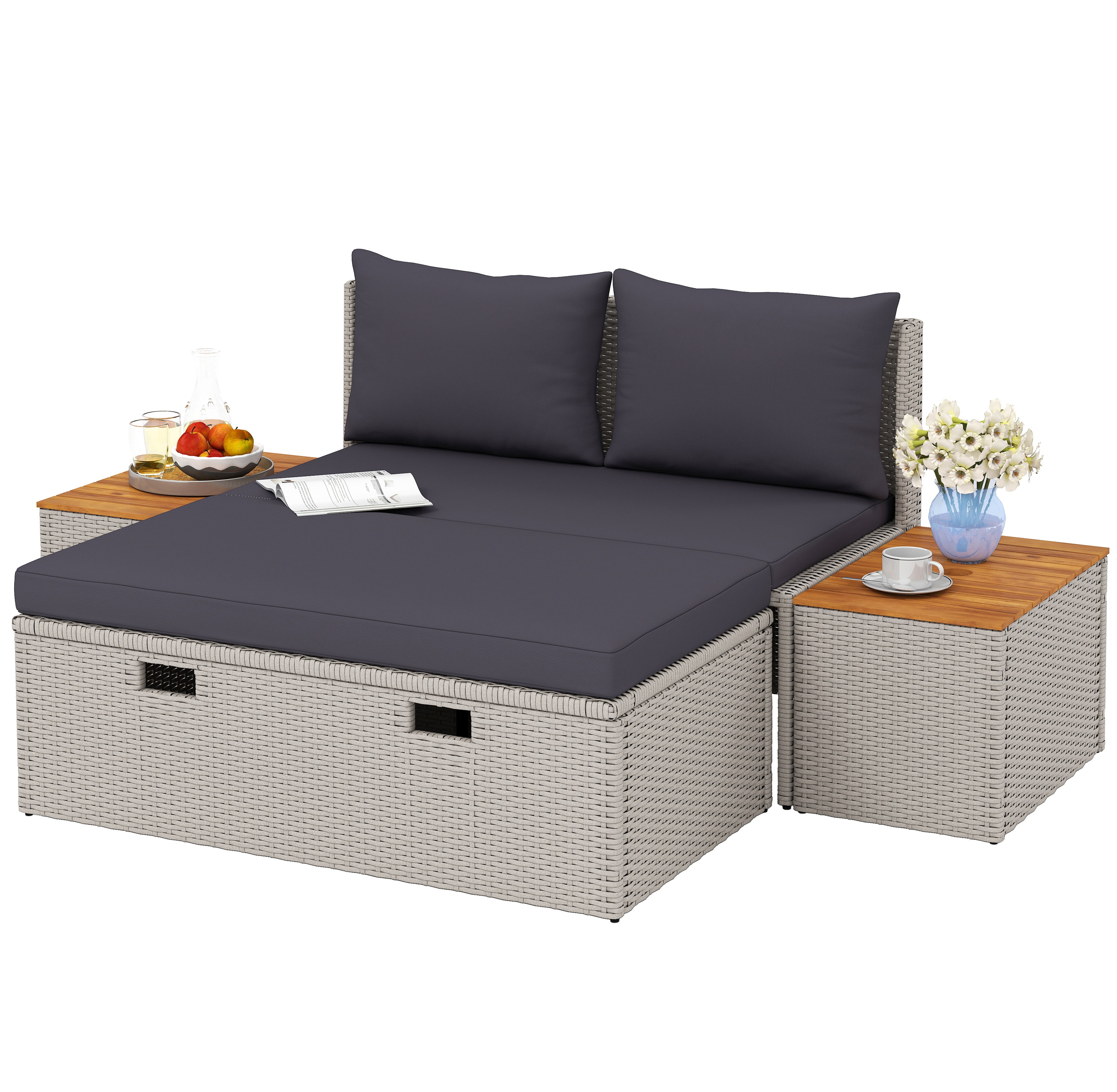 Polyrattan Sonnenliege für 2 Personen Doppelliege mit Fußhocker Stauraum Auflagen 125x114x72,5 cm Grau Polyrattan Sonnenliege für 2 Personen Doppelliege mit Fußhocker Stauraum Auflagen 125x114x72,5 cm Grau