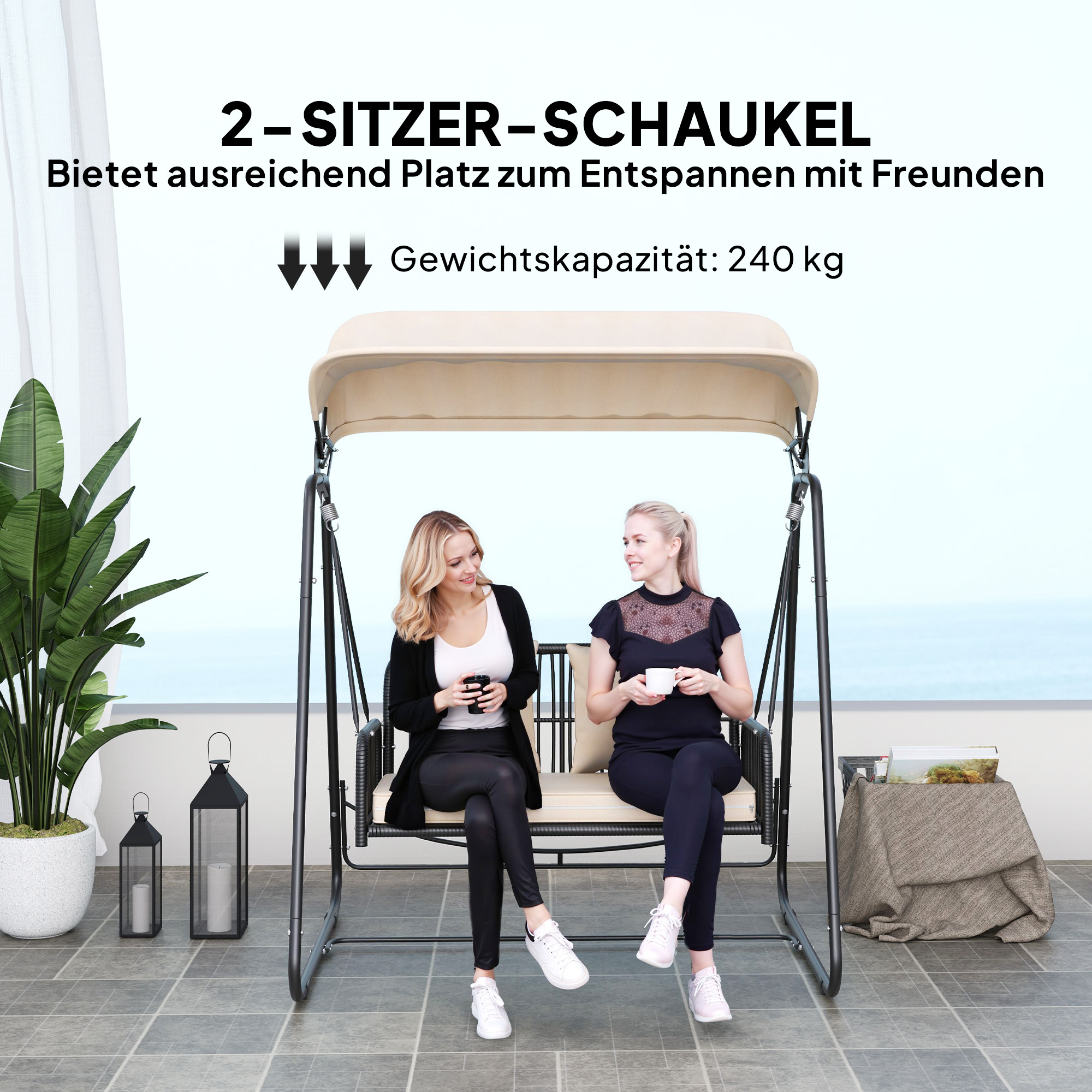 Hollywoodschaukel Rattan 2-Sitzer Gartenschaukel mit Sonnendach Kissen bis 240 kg 149 x 121 x 180 cm Khaki