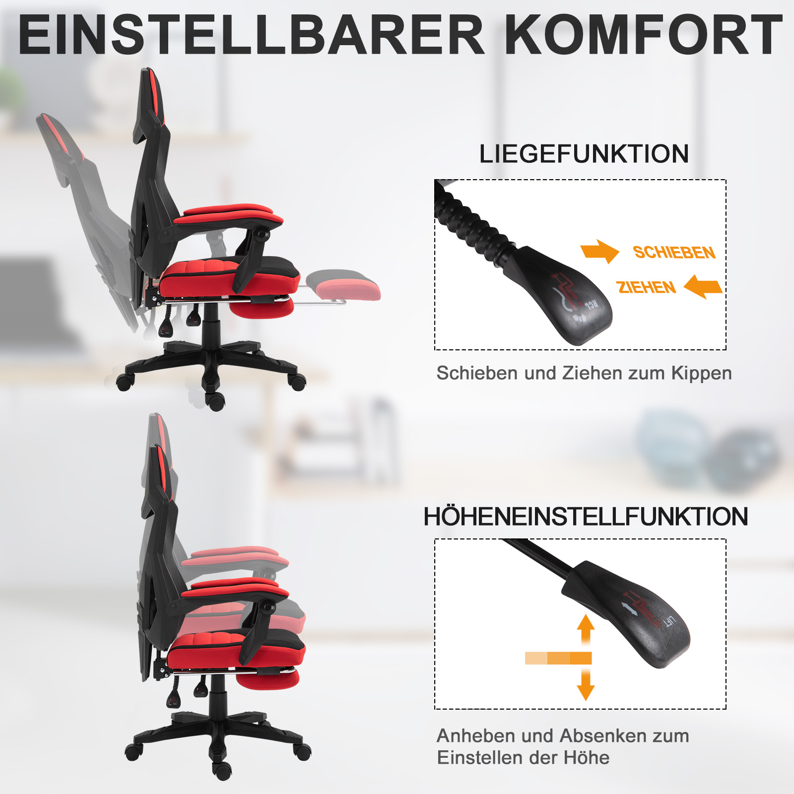 ergonomischer Bürostuhl, Gaming Stuhl, Drehstuhl mit Fußstütze, PC Stuhl, Chefsessel,  höhenverstellbar, Polyester, Schwarz+Rot,58 x 63 x 112-122 cm