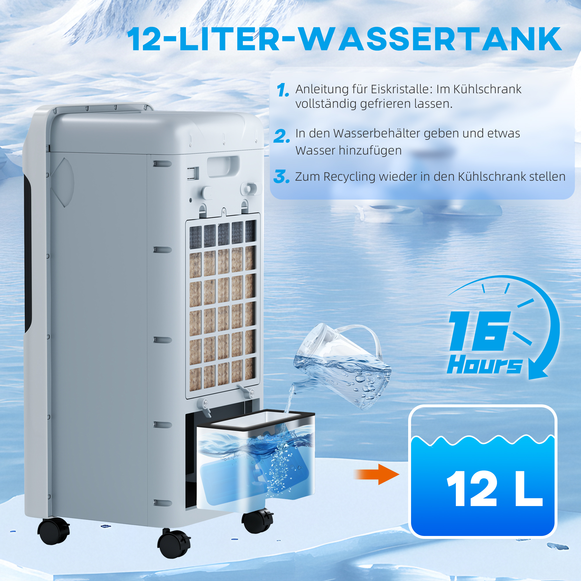 Klimaanlage mit Wasserkühlung Fernbedienung 3 Modi, 3 Geschwindigkeiten, 12 Std-Timer, LED-Anzeige, 38x35x81 cm Weiß