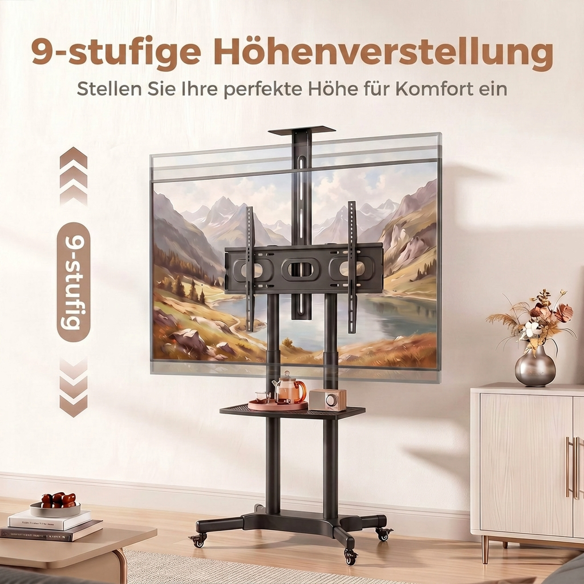 TV Ständer Rollbar für 32-75 Zoll Fernseher Höhenverstellbarer Fernsehständer mit 2 Ablagen, Metall, max. VESA 400x600mm