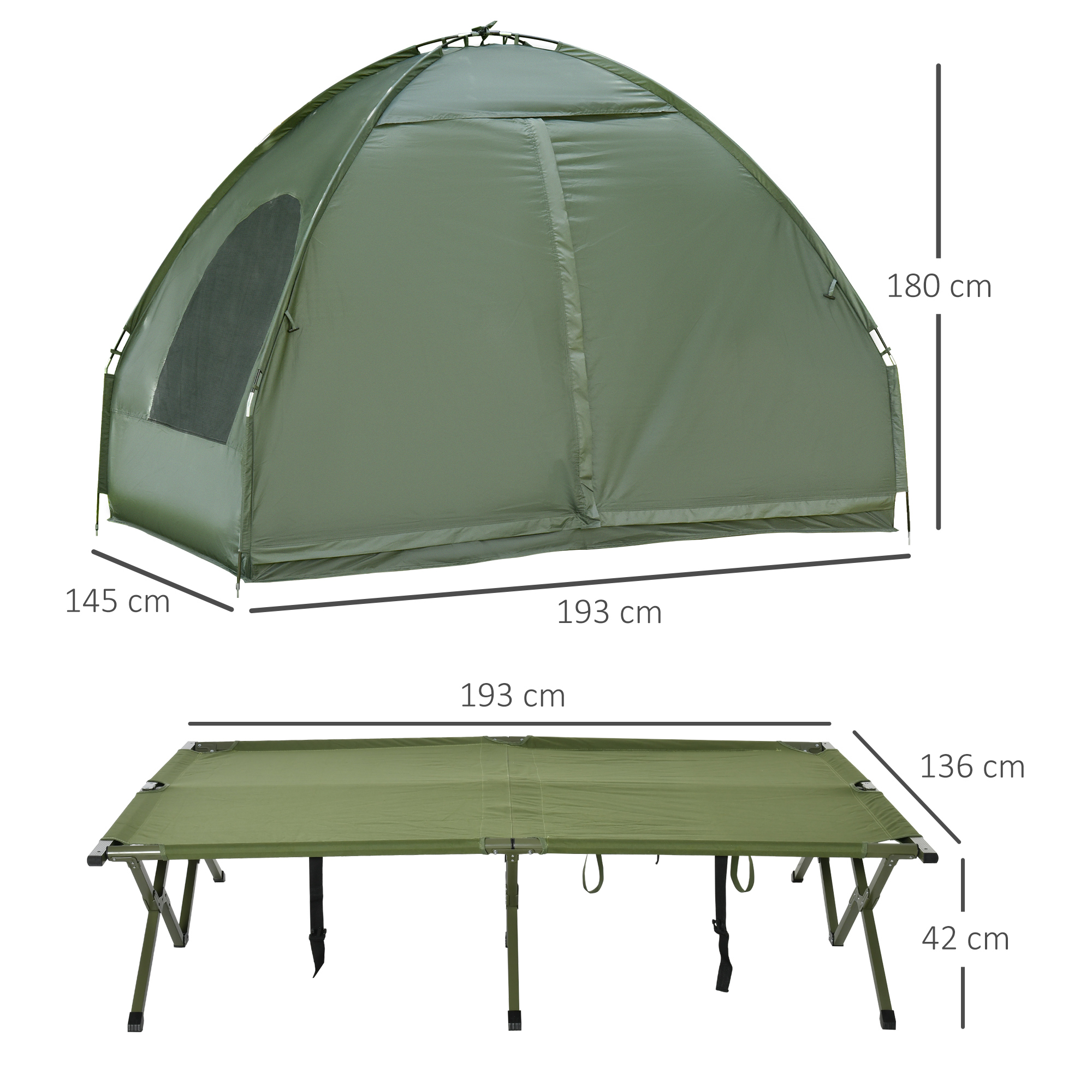 Campingzelt-Set für 2 Personen mit Feldbett und Luftmatratze Grün