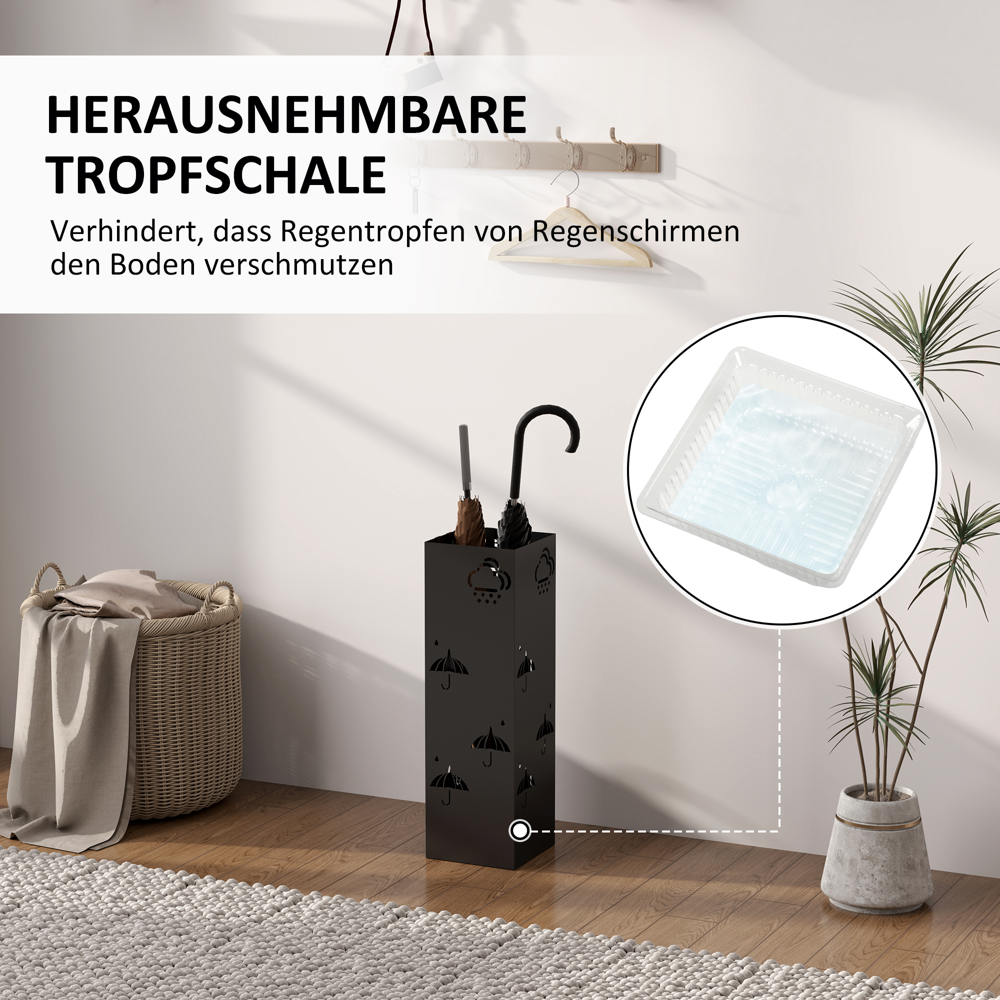 Schirmständer aus Metall, 4 Haken, Wolken- und Schirmmuster, Tropfblech, Schwarz