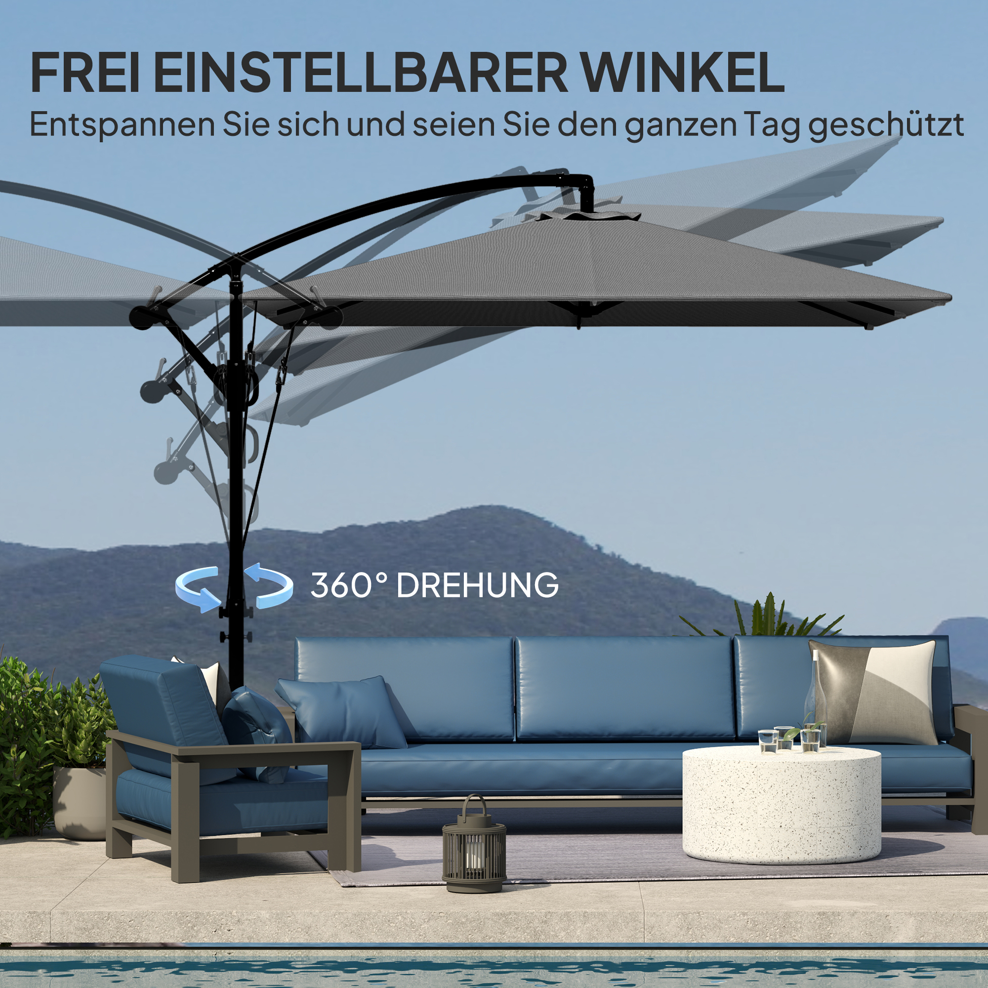 Ampelschirm Ø260 cm Sonnenschirm mit UV-Schutz 50 wasserabweisend Kurbelschirm mit Ständer, Grau