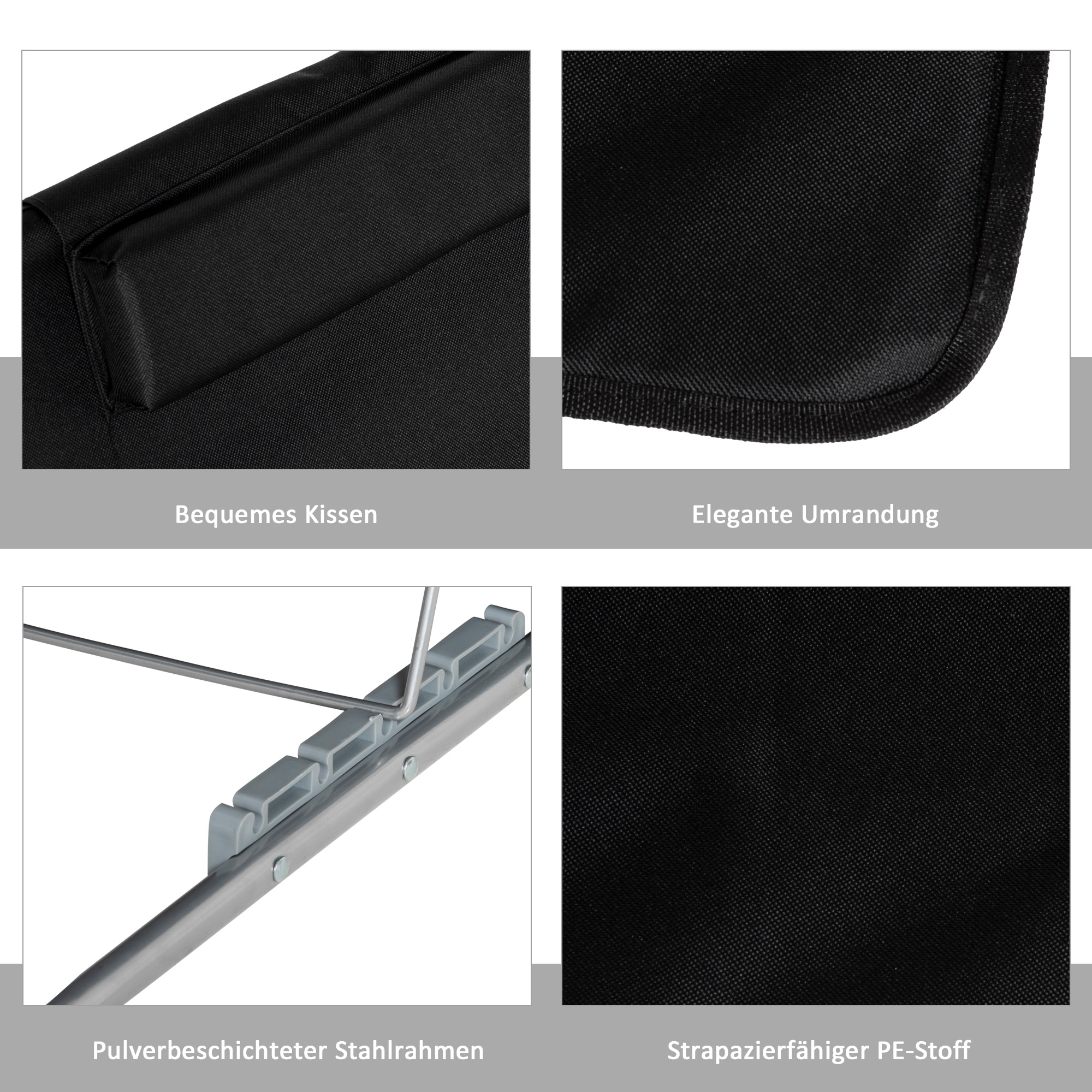 Strandliege Sonnenliege Gartenliege, klappbar, verstellbare Rücklehne, Seitentasche, 48 cm x 134 cm x 33-43 cm, Schwarz