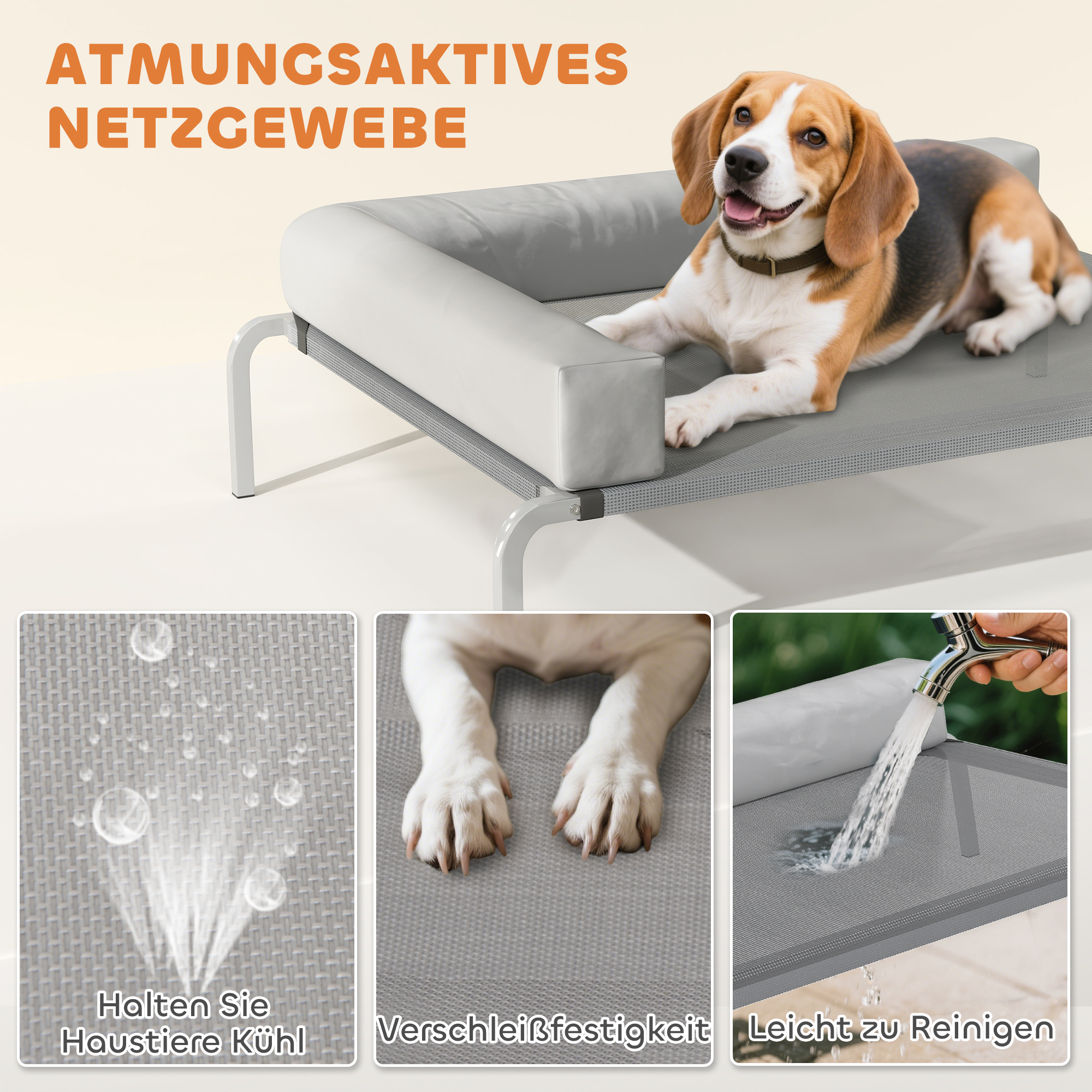 Hundeliege Outdoor, erhöhtes Hundebett für Mittelgroße Hunde, mit L-förmige Kissen 110x75x30cm, Hellgrau