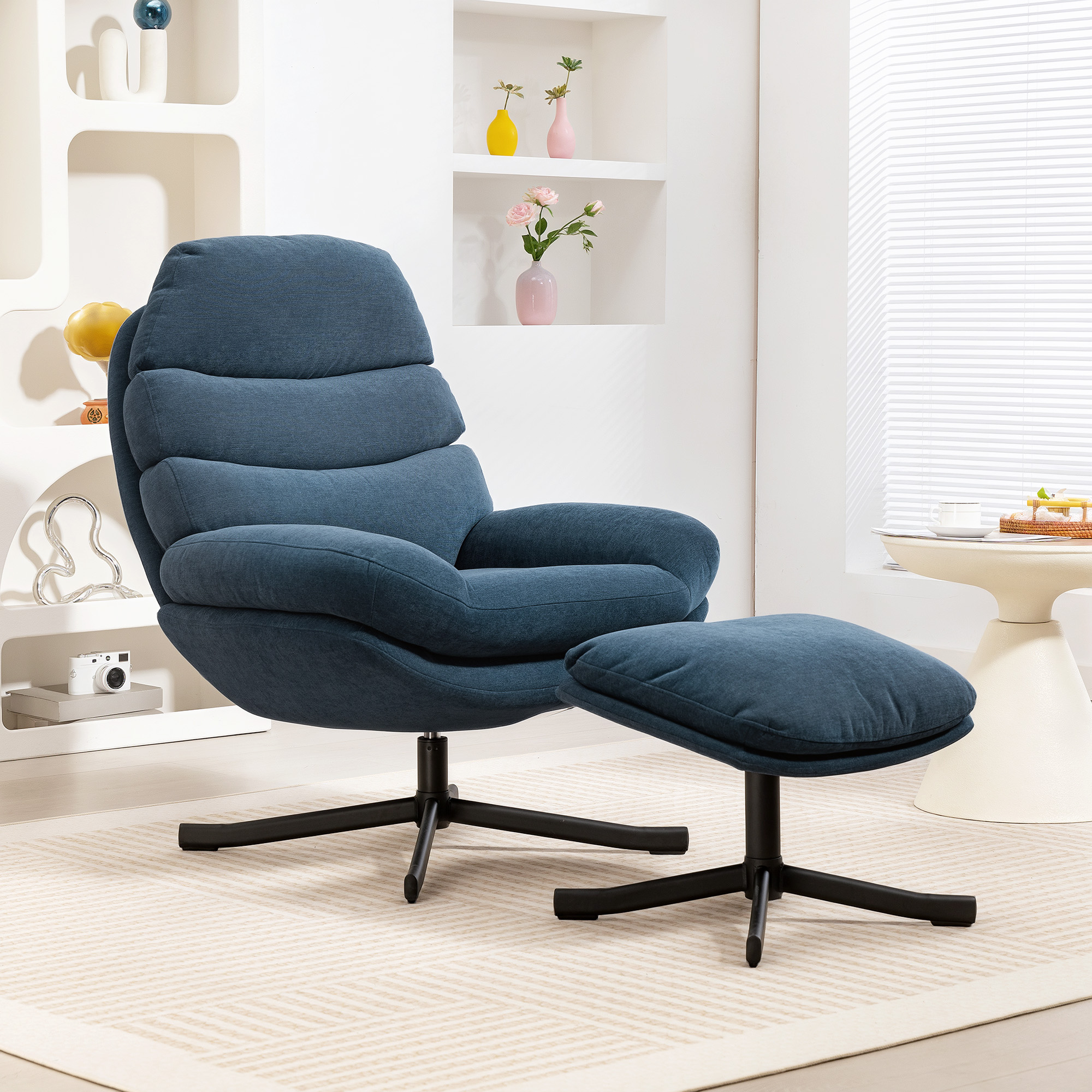 Relaxsessel mit Hocker Sessel Loungesessel mit Chenille-Stoff, Modern Fernsehsessel, 78 x 93 x 100 cm, Blau
