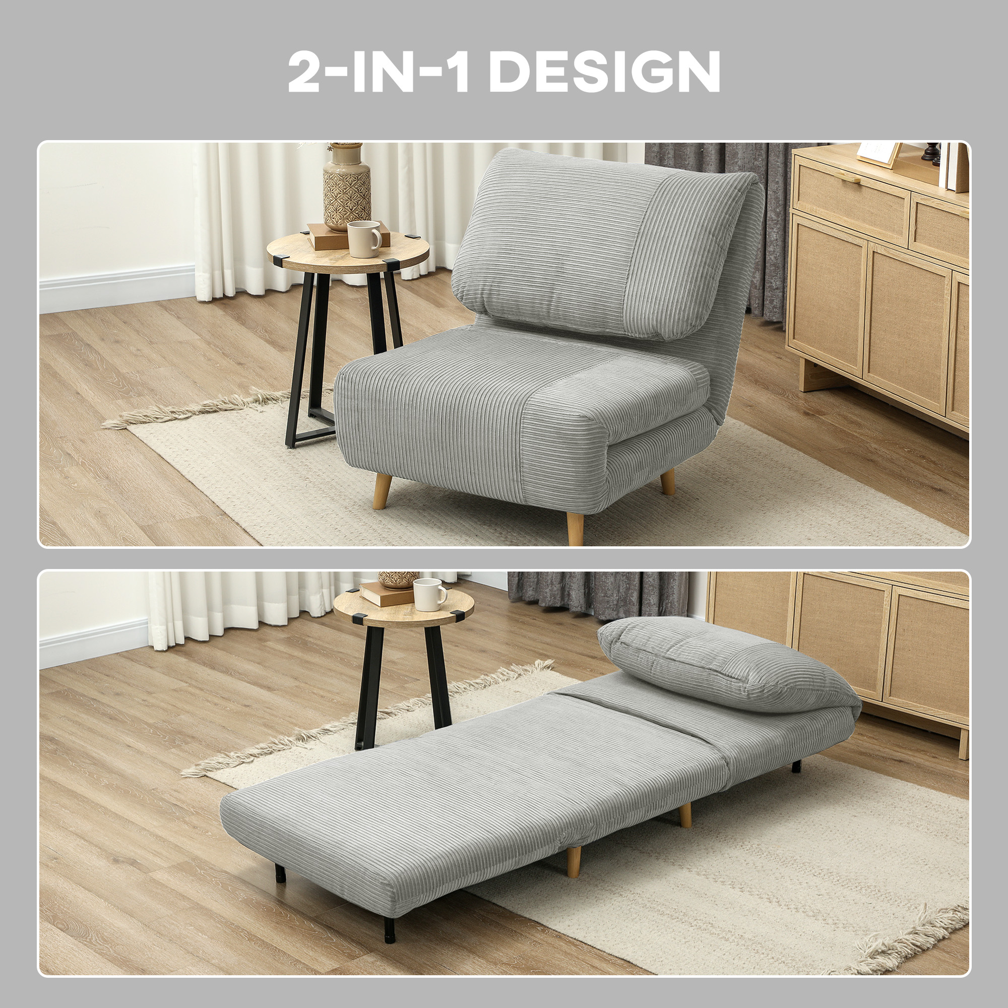 2-in-1 Schlafsessel Gästebett, verstellbare  Kopfstütze Cord-Optik 82 cm x 87 cm x 89 cm Grau
