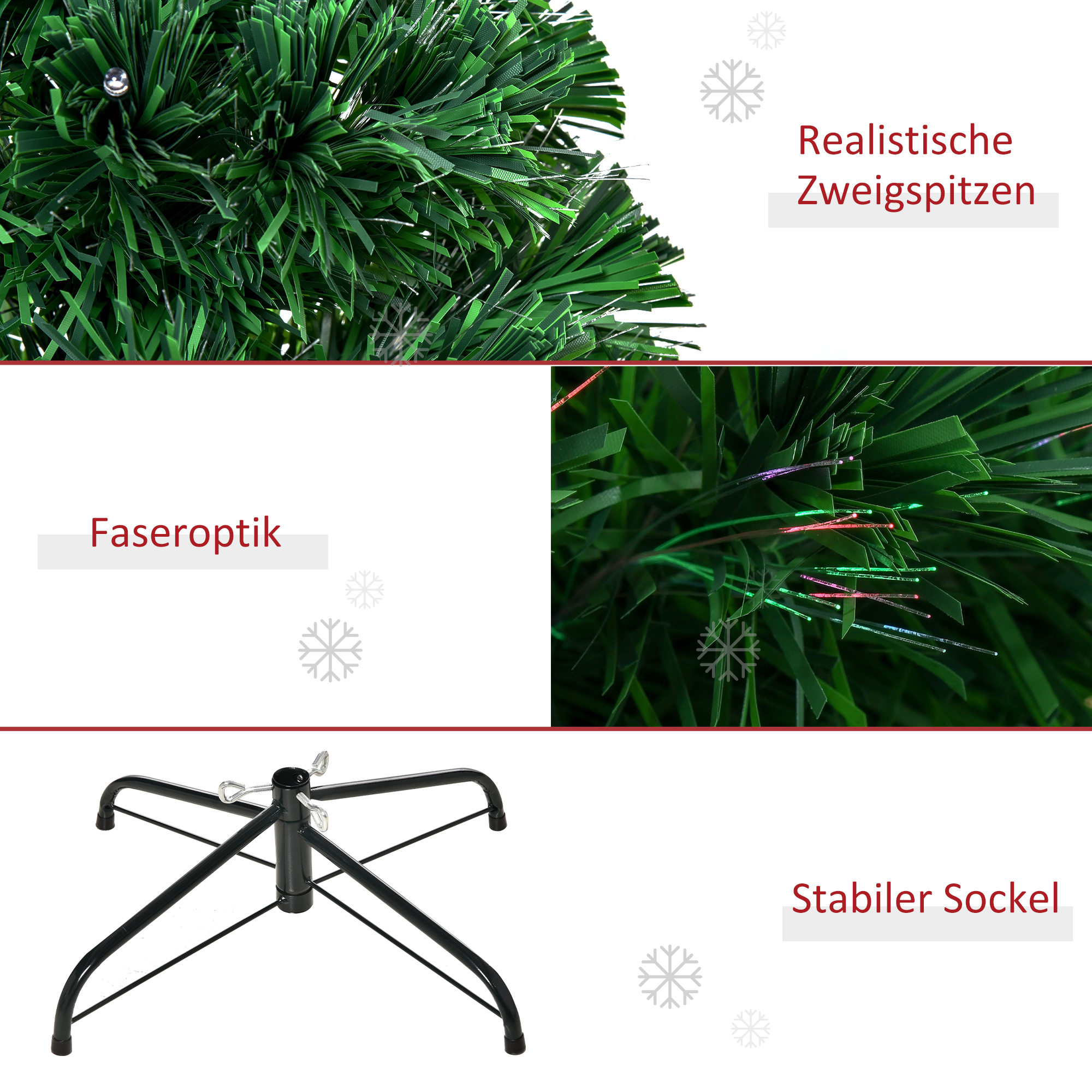 Künstlicher Weihnachtsbaum 150 cm mit Glasfaser künstlich Tannenbaum mit LED Beleuchtung, 180 Spitzen Christbaum Weihnachtsdeko inkl. Metallständer für drinnen