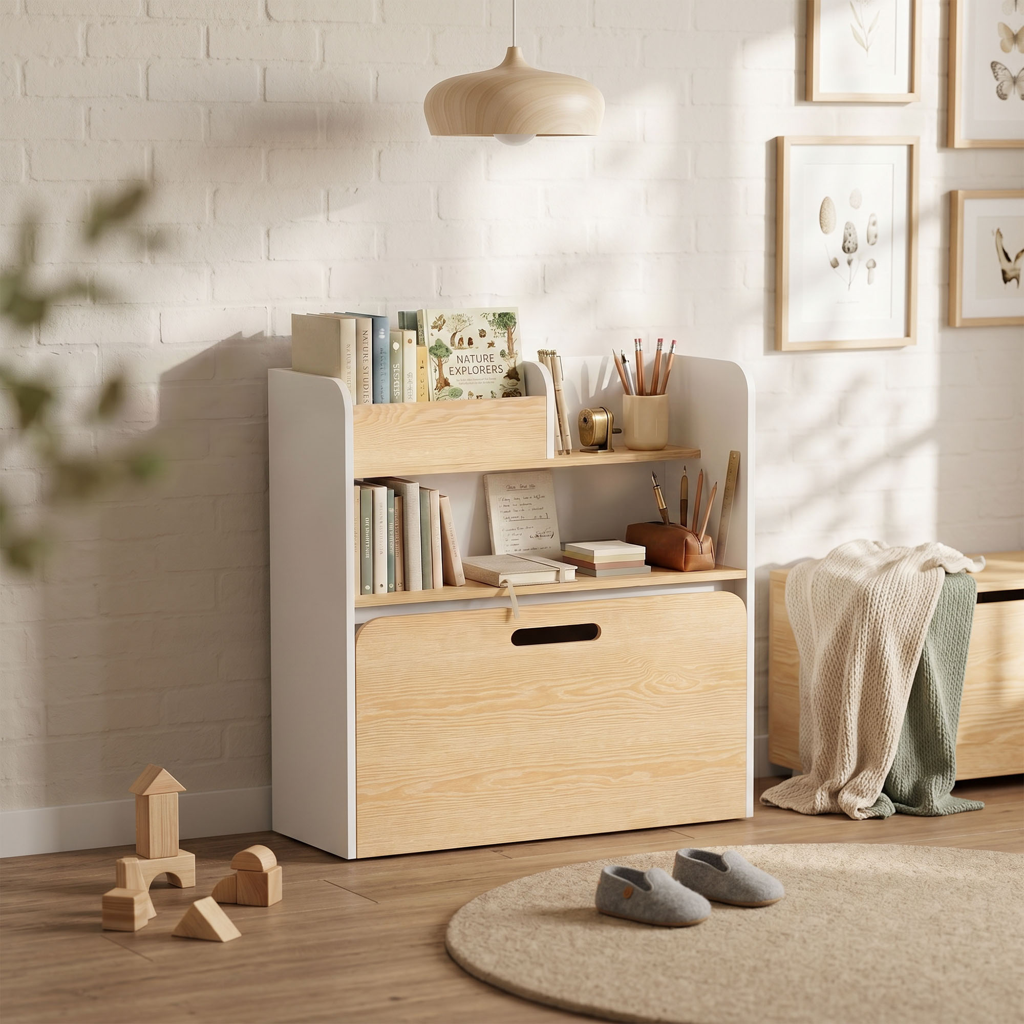 Kindertisch mit Sitzbank 5-in-1 Kindersitzgruppe mit Bücherregal, rollbar Kindertruhenbank mit Aufbewahrungsbox für 3-8