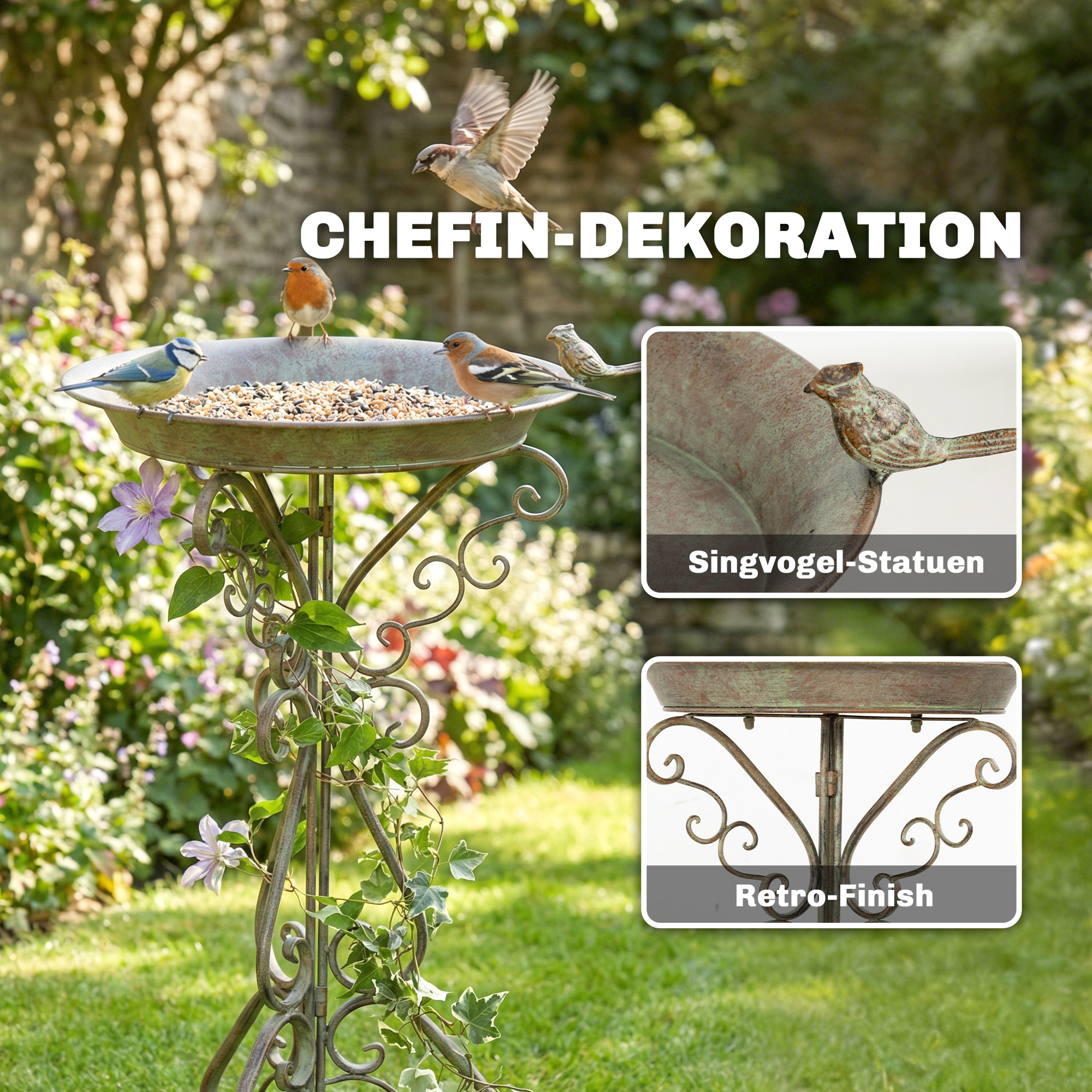 Vogelbad mit Vogelstatue und dekorativem Standfuß, Vintage Garten Vogelbad Schale Sockel, Grün