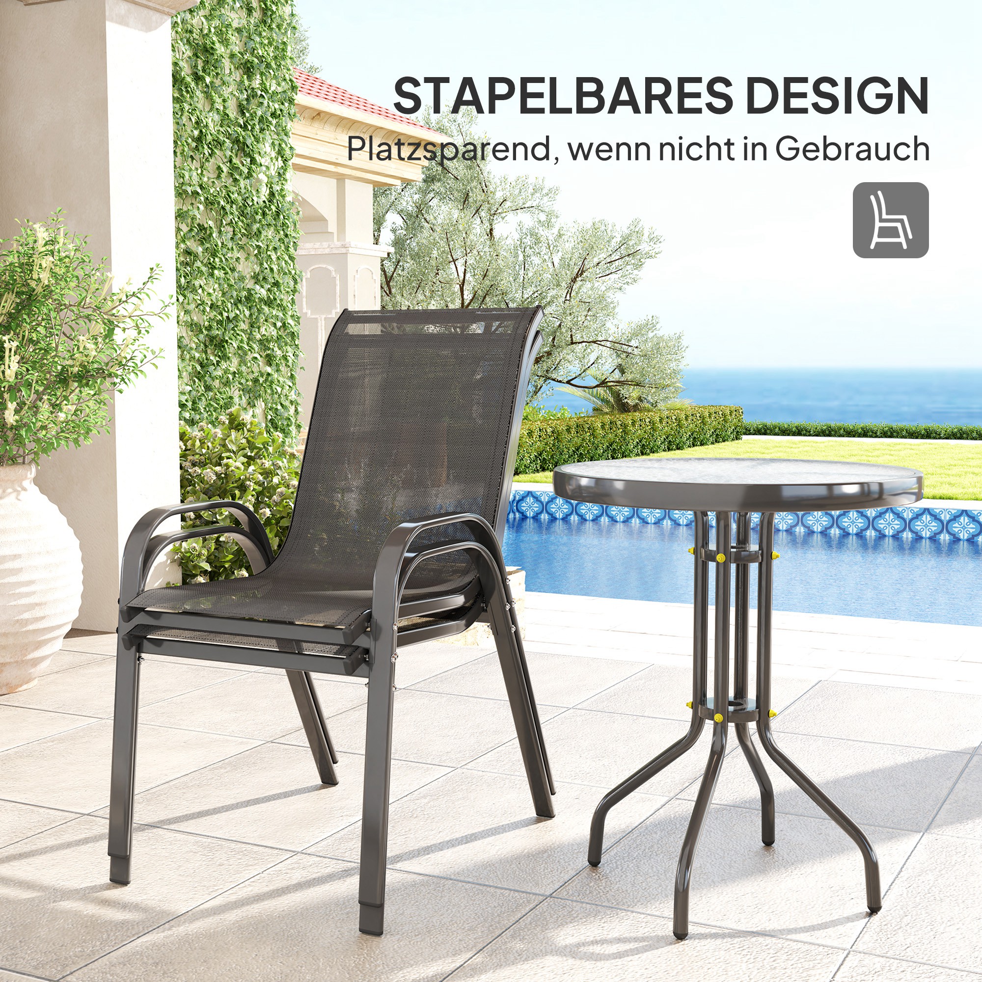 Bistro-Set 3-teilig Wetterfest Gartenmöbel Set mit Glastisch Stapelbare Gartenstühlen Schwarz