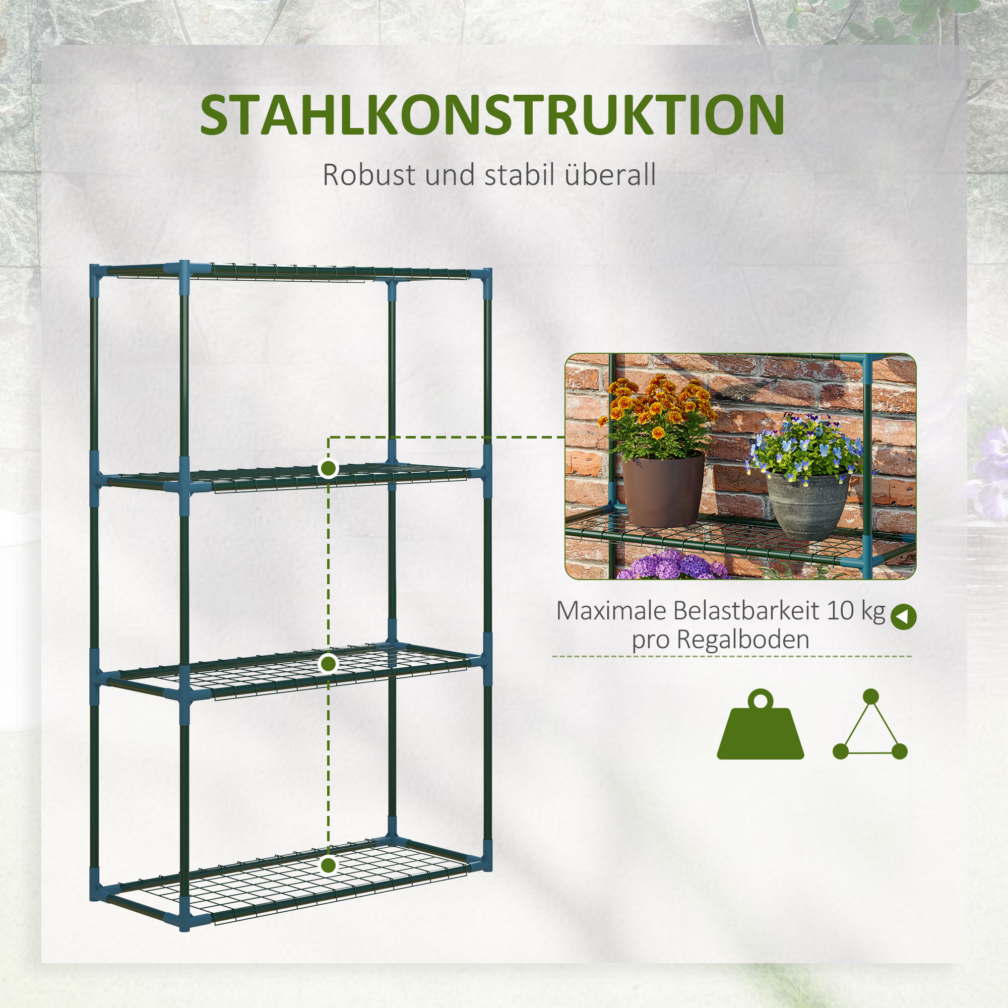 Pflanzenregal, 2-er-Set, je 4 Regalböden, kombiniert oder separat nutzbar, Stahl, grün, 70 x 27 x 110 cm