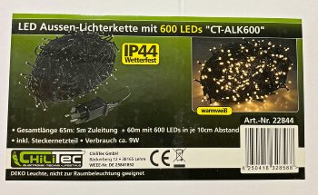 LED Aussen-Lichterkette "CT-ALK600" 60m, warmweiß, Kabel schwarz, IP44, 600 LEDs