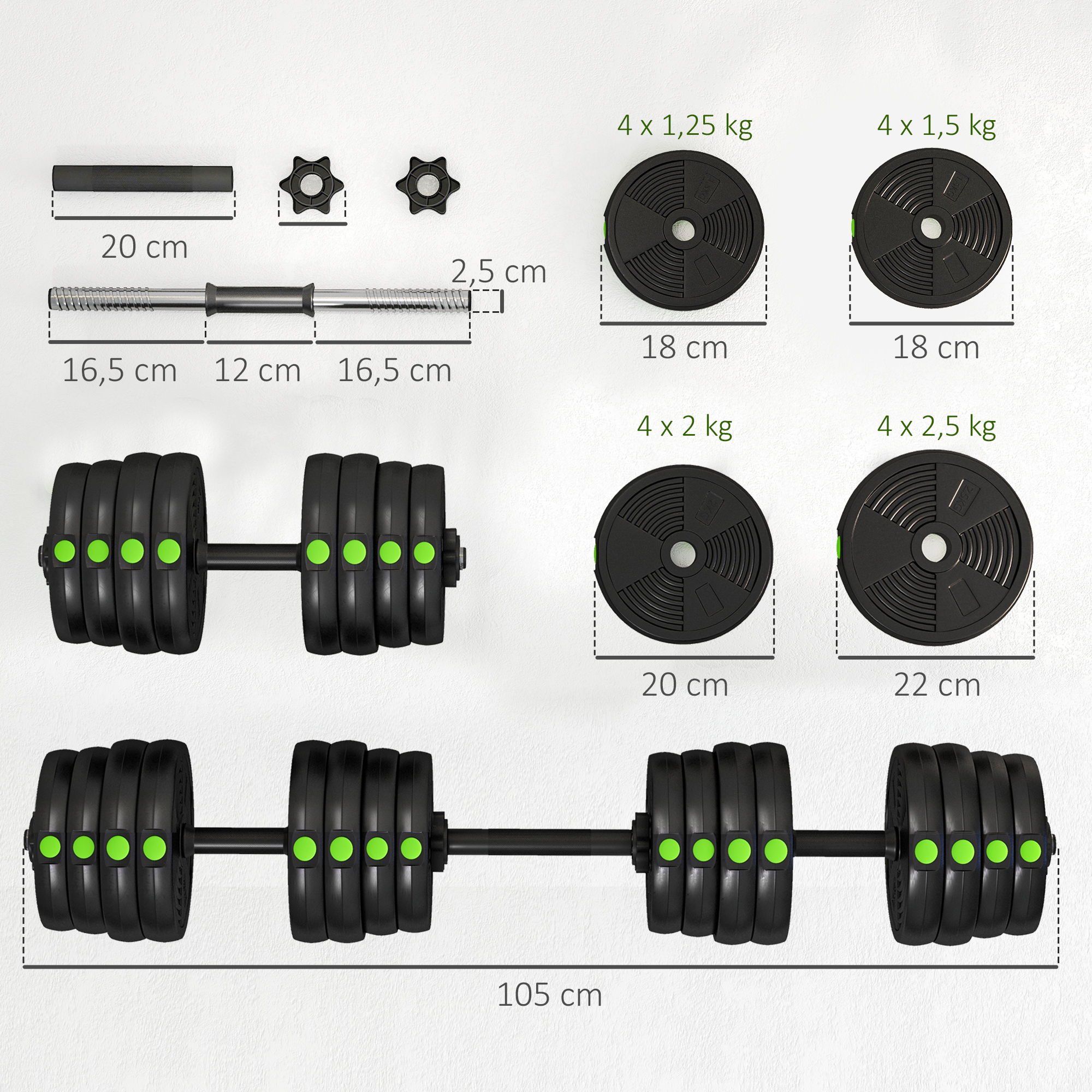 2-in-1 Hantel-Set, Lang- & Kurzhantel, 30 kg, rutschfest, bodenschonend, Schwarz/Grün