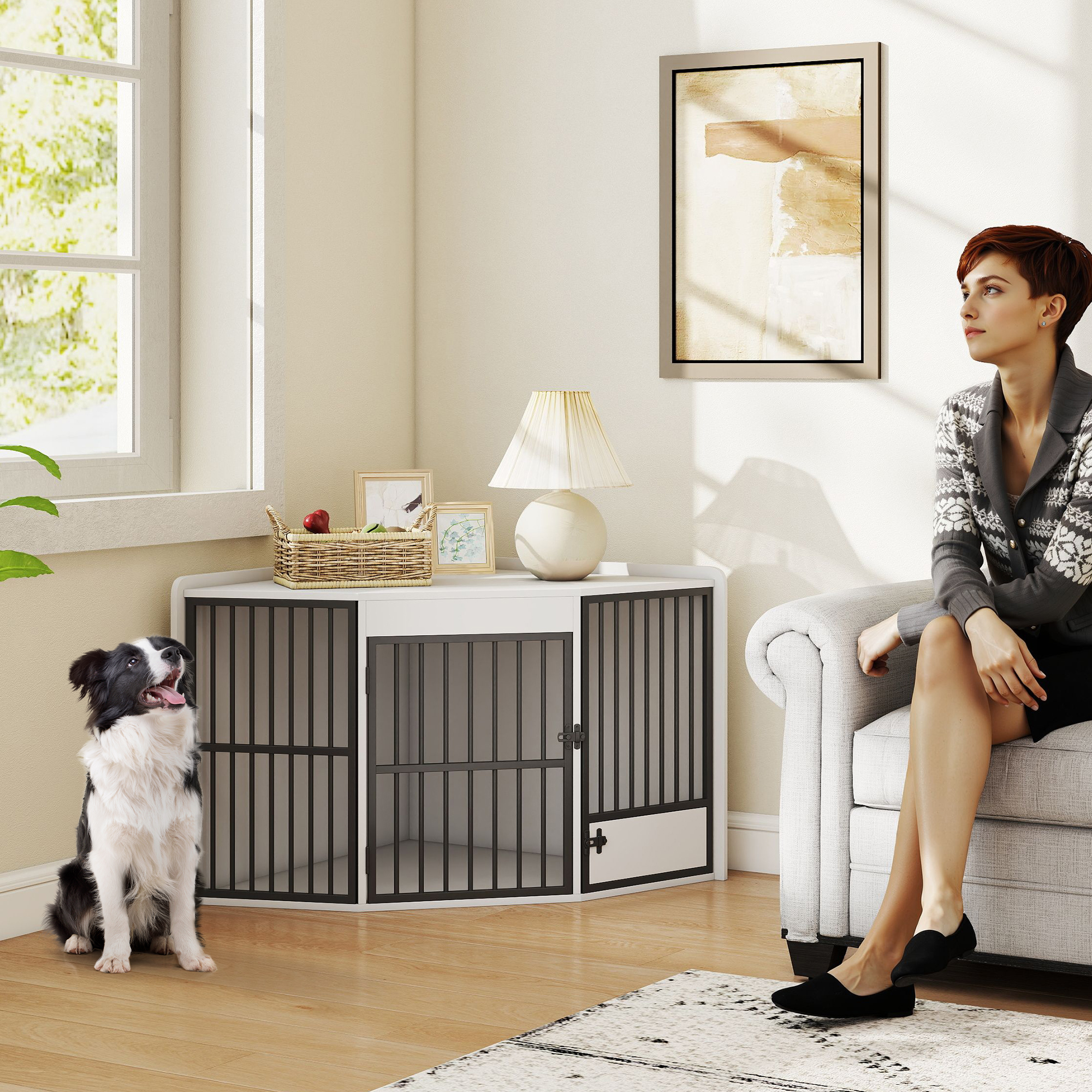 Hundebox, Aufenthaltsbox für kleine und mittelgroße Hunde, Haustierbox, Fütterungstür, MDF, Metall, Weiß