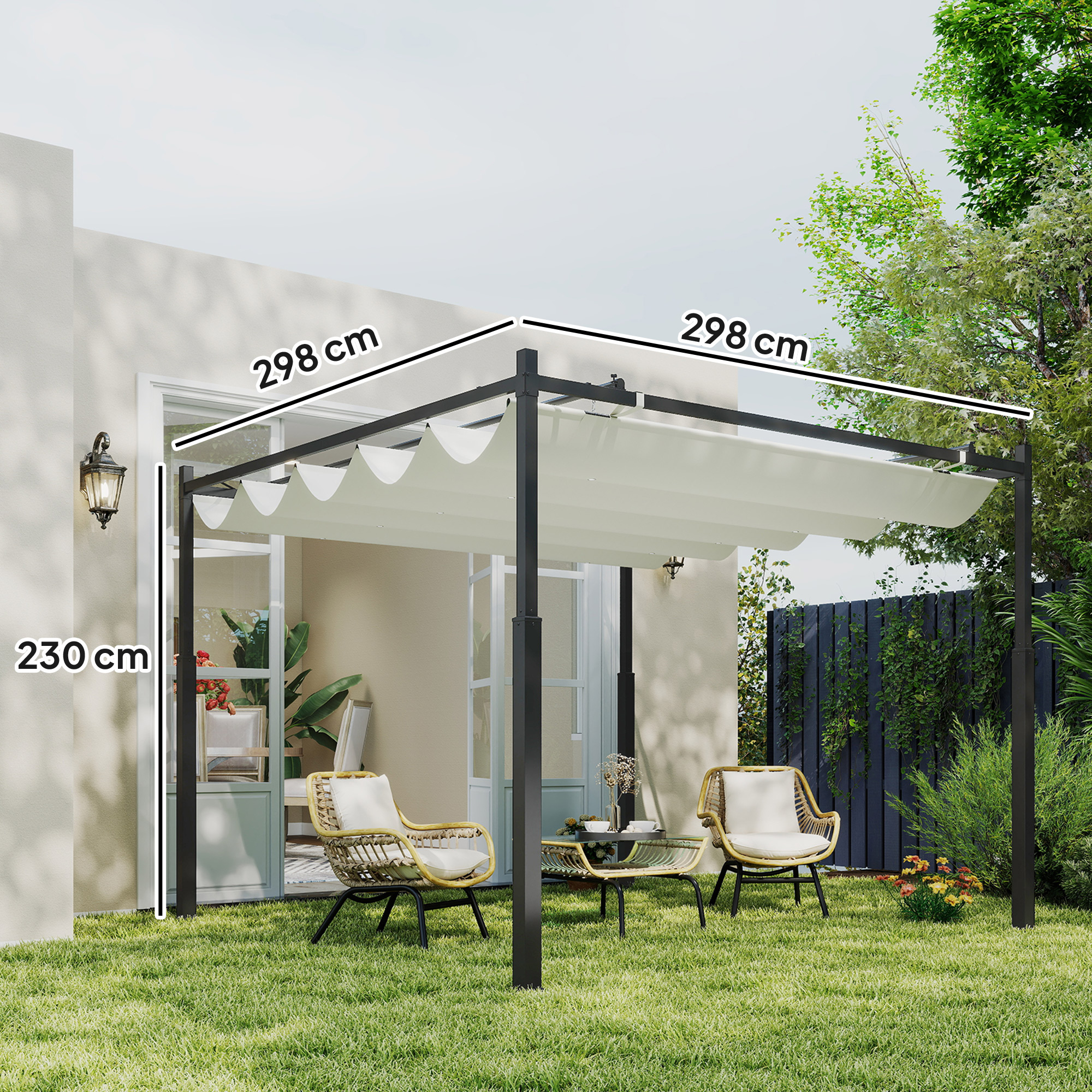 Garten-Pergola, 3 x 3 m, Ausziehbares Dach und Magnetpad, Outdoor-Baldachin, Garten-Pavillon, UPF30+, Metall, Cremeweiß