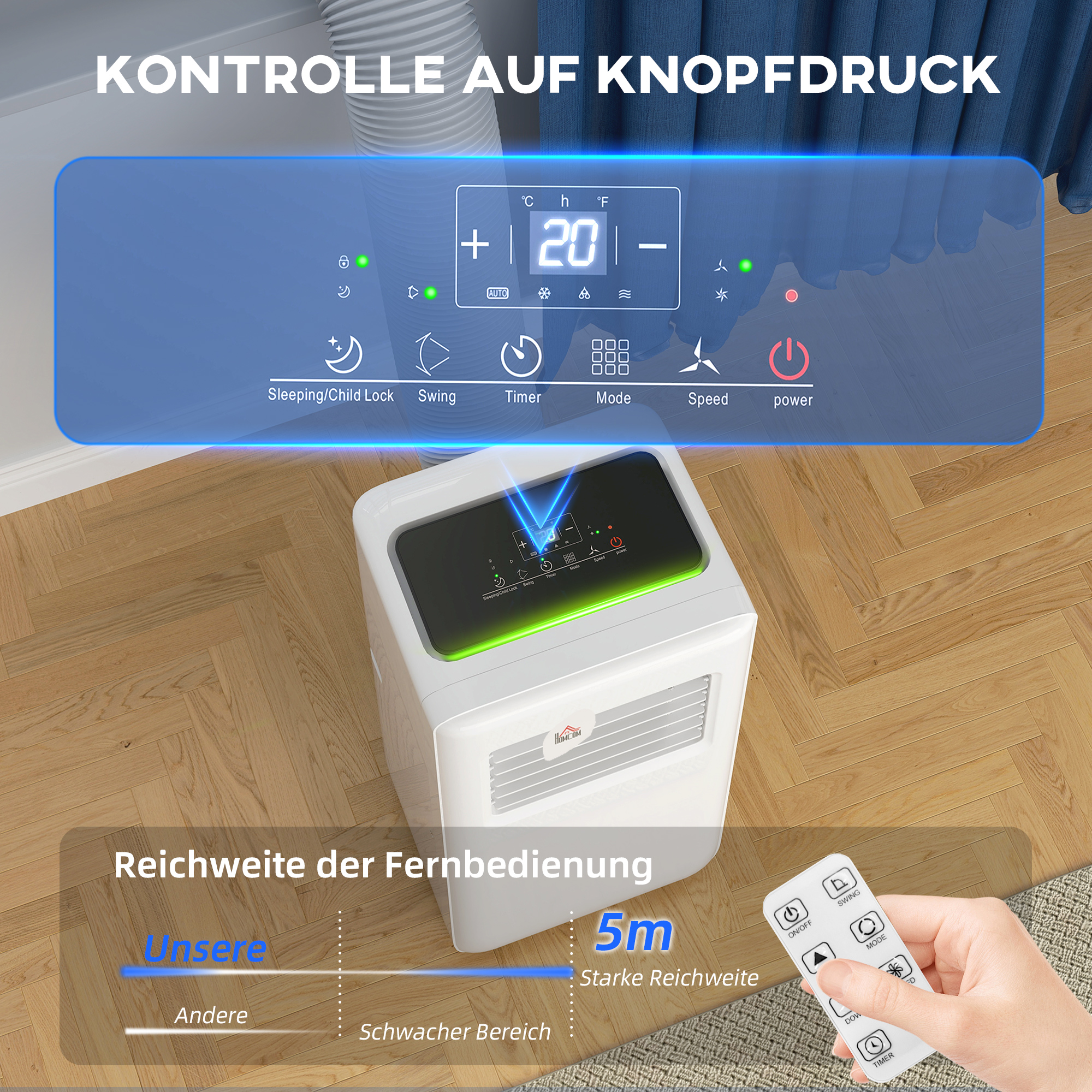 Mobile Klimaanlage, verschiedene Einstellungen, LED-Display, Timer, Räder, Weiß