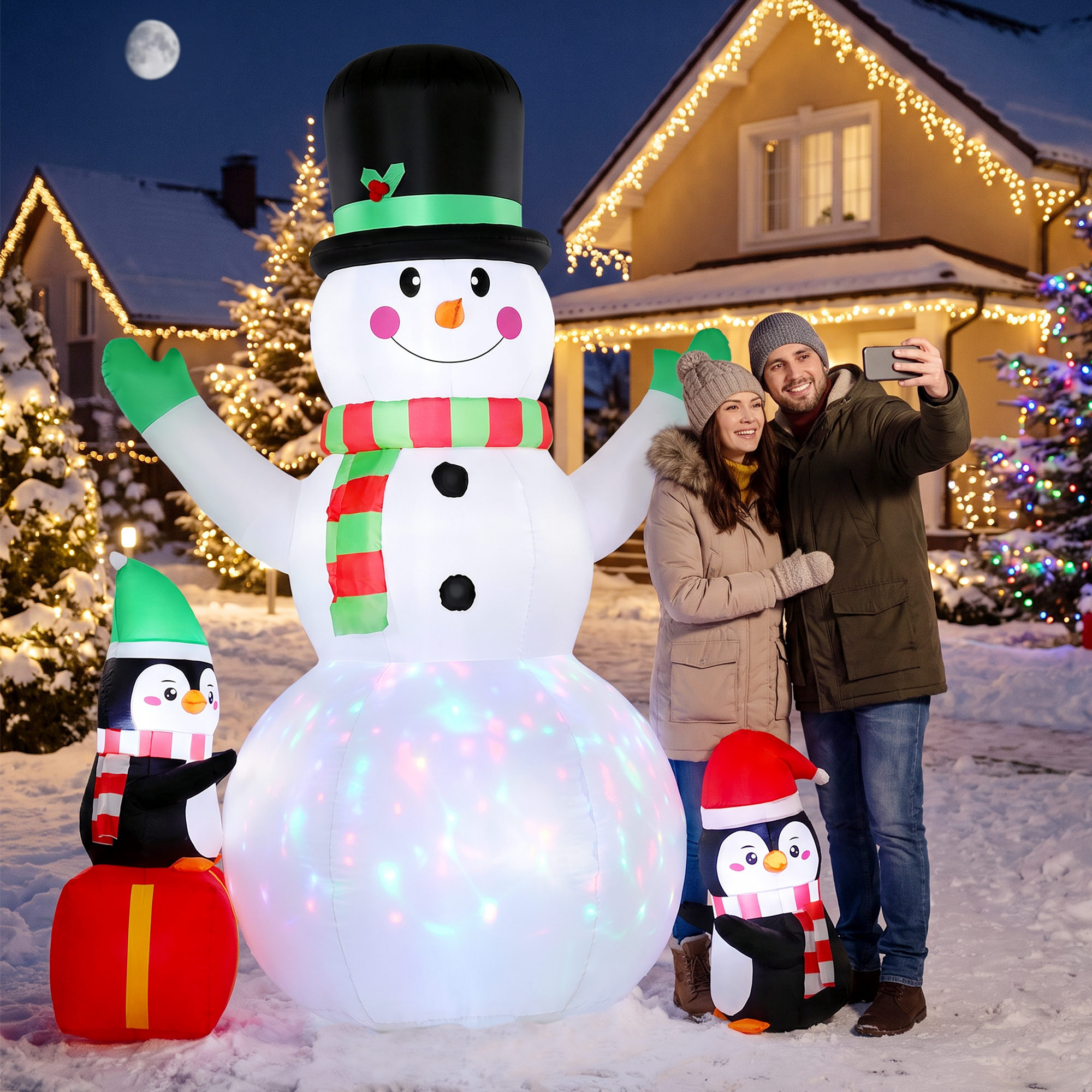 Aufblasbarer Weihnachts-Schneemann, 243 cm, mit buntem LED-Licht, für draußen