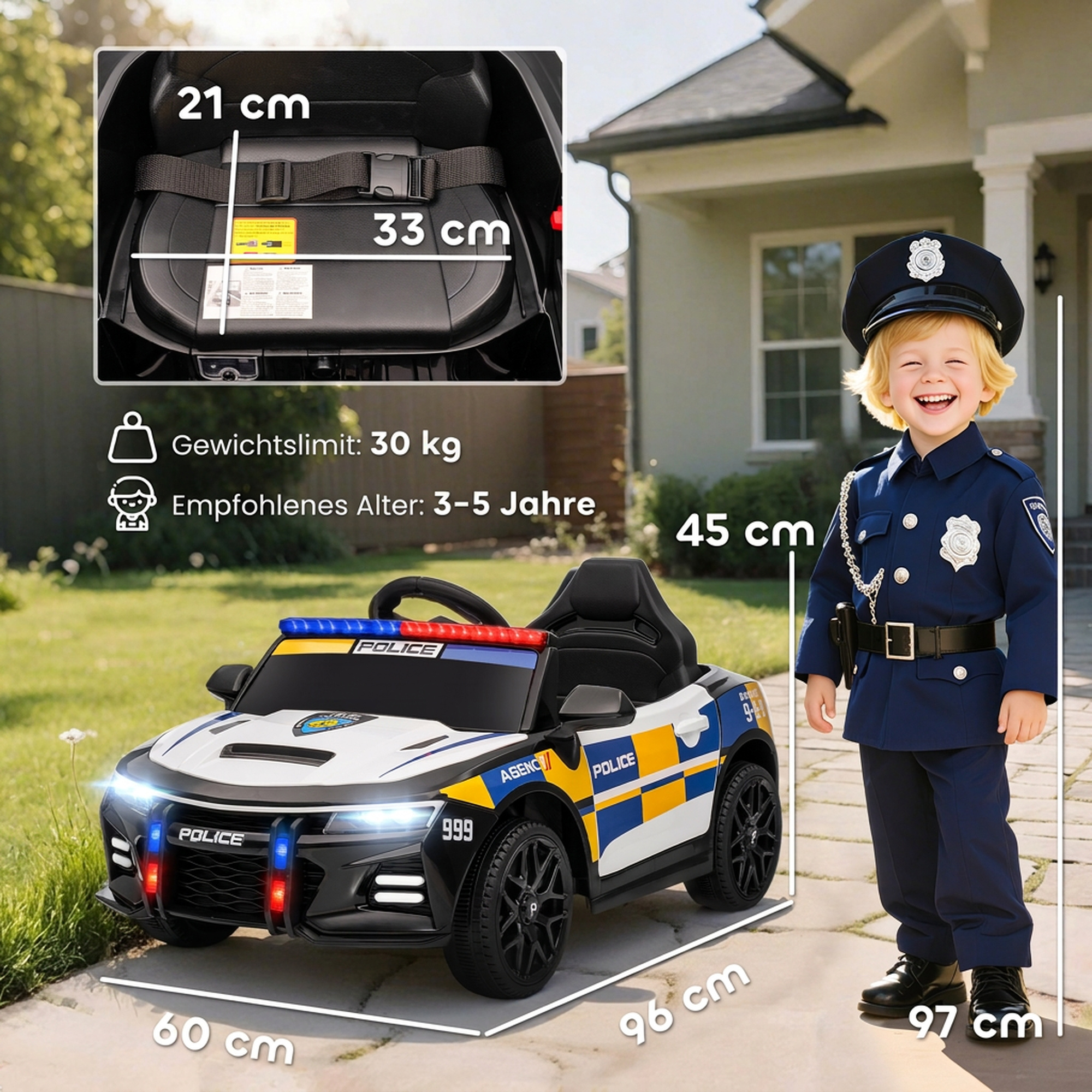 12V Kinder Elektroauto Polizei Polizeiauto mit Fernbedienung Sirene Warnlicht Musik & Hupe Doppelmotoren Federung Weiß