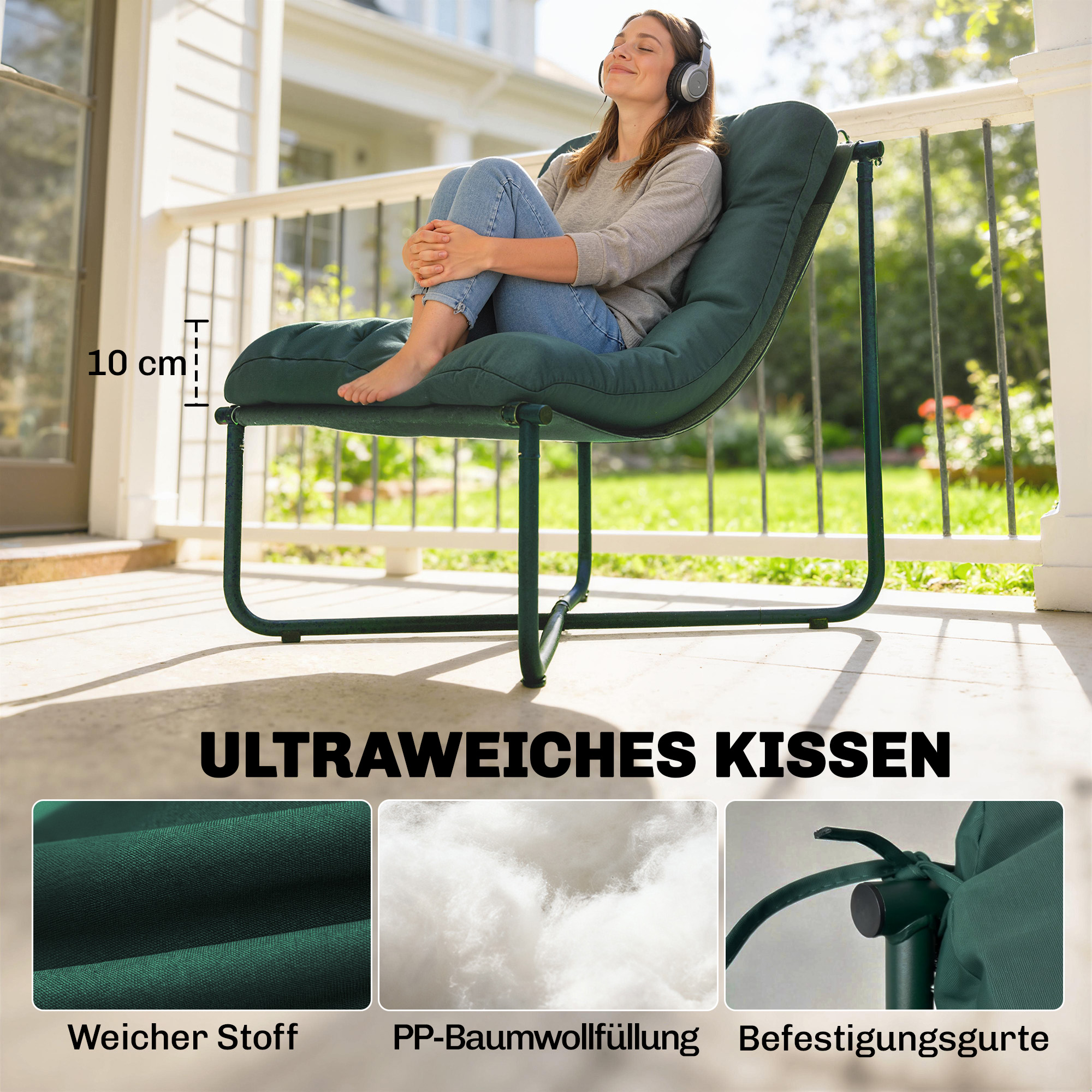 Gartenstuhl Gartensessel mit Kissen Atmungsaktiver Sling-Sitz Stahlrahmen für Garten Terrasse 76 x 92 x 76 cm Dunkelgrün