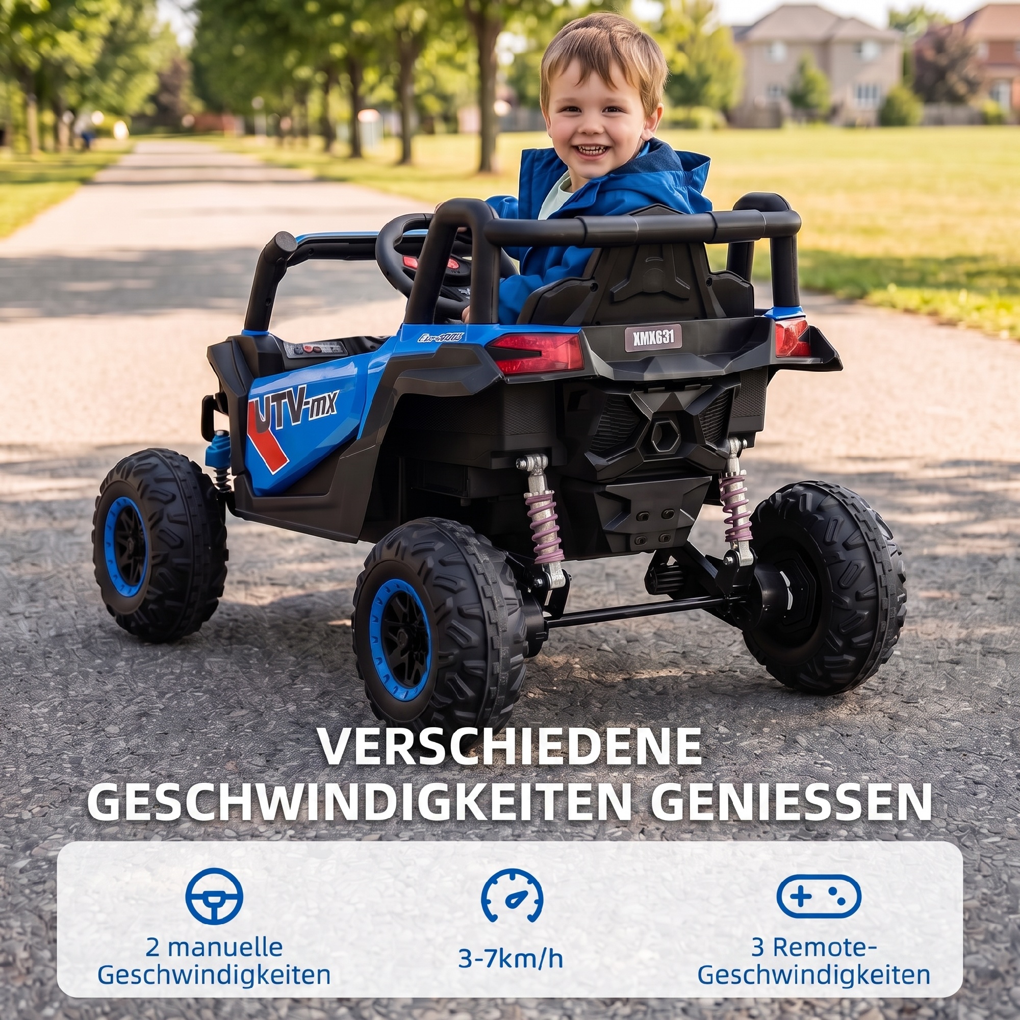 12V Elektroauto für Kinder, Fernbedienungsfunktion, Gurt, Hupe, LED-Lichter, USB-Port, für 3-5 Jahre, Blau