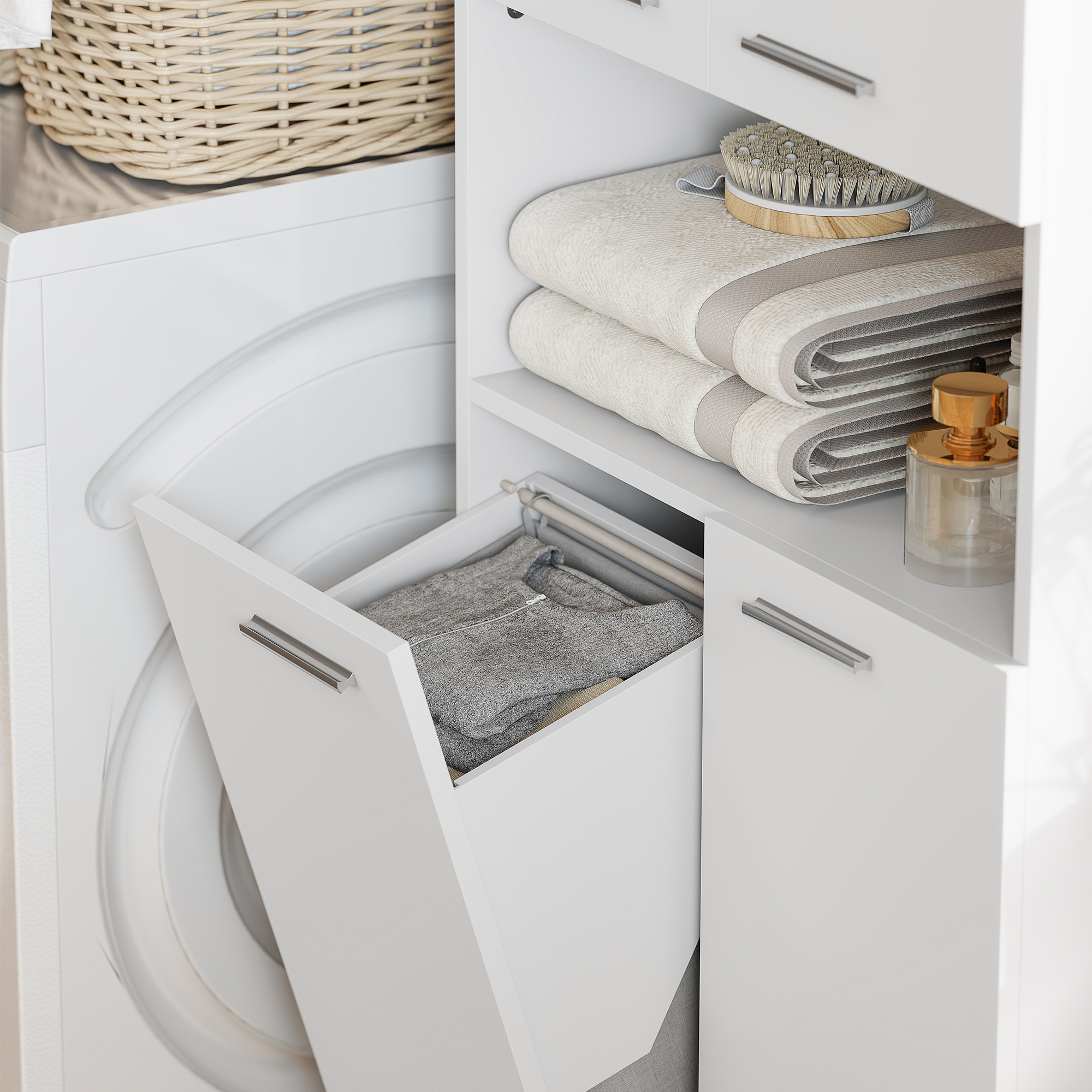 174cm hoher Badezimmerschrank mit ausklappbarem Wäschekorb und Soft-Close-Türen, Weiß