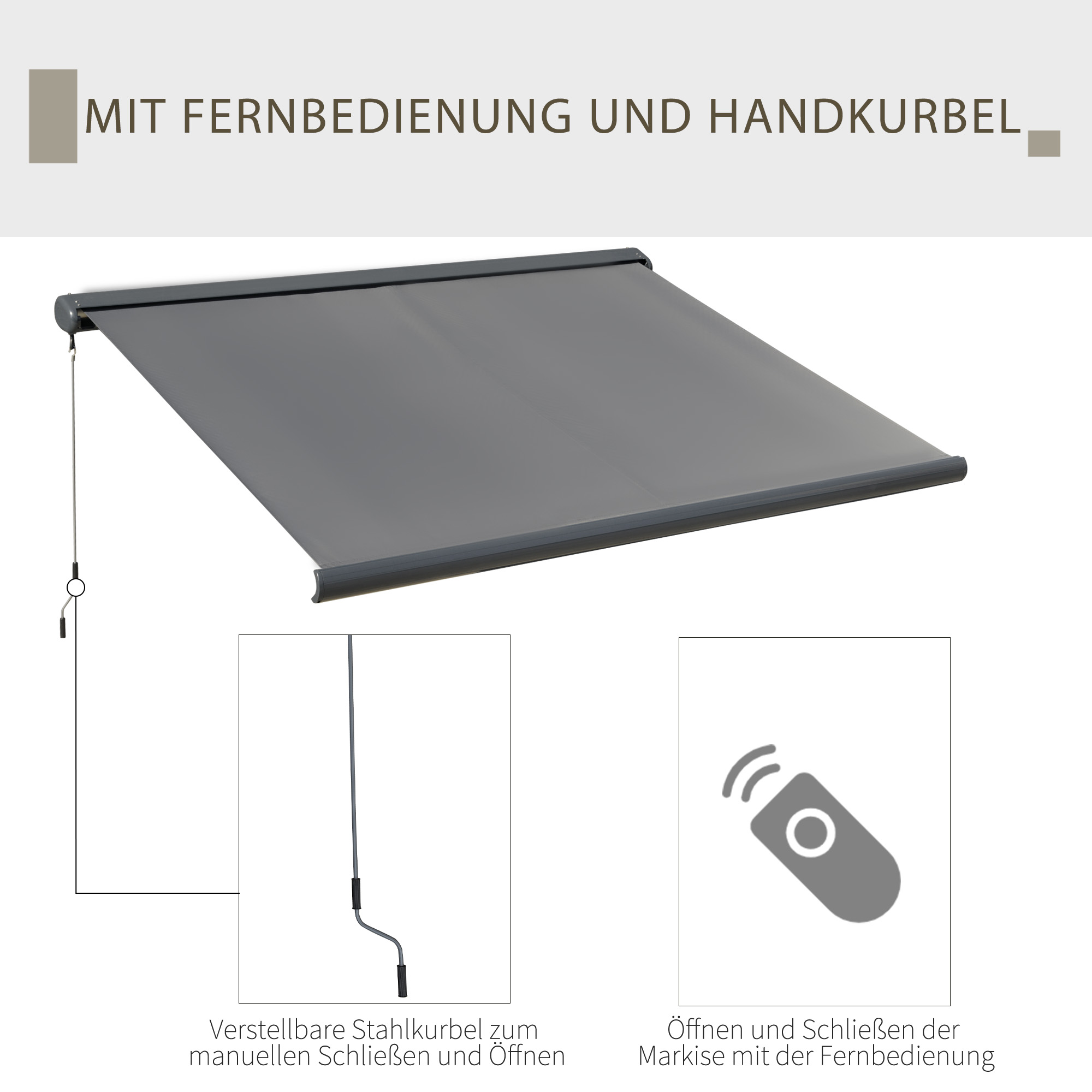 Elektromarkise, mit Fernsteuerung, inkl. Bausatz für Montage, Metallrahmen, dunkelgrau, 3 x 2,5 m