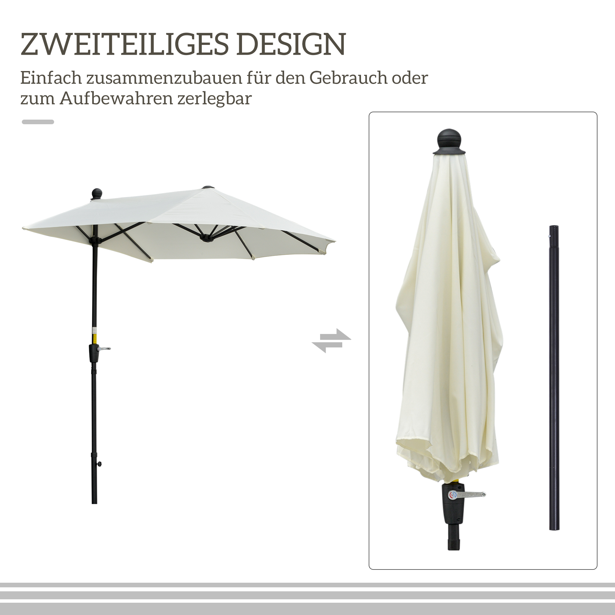 Sonnenschirm Halbrund 1,9 x 2 m Doppelsonnenschirm mit Handkurbel Ständer Cremeweiß
