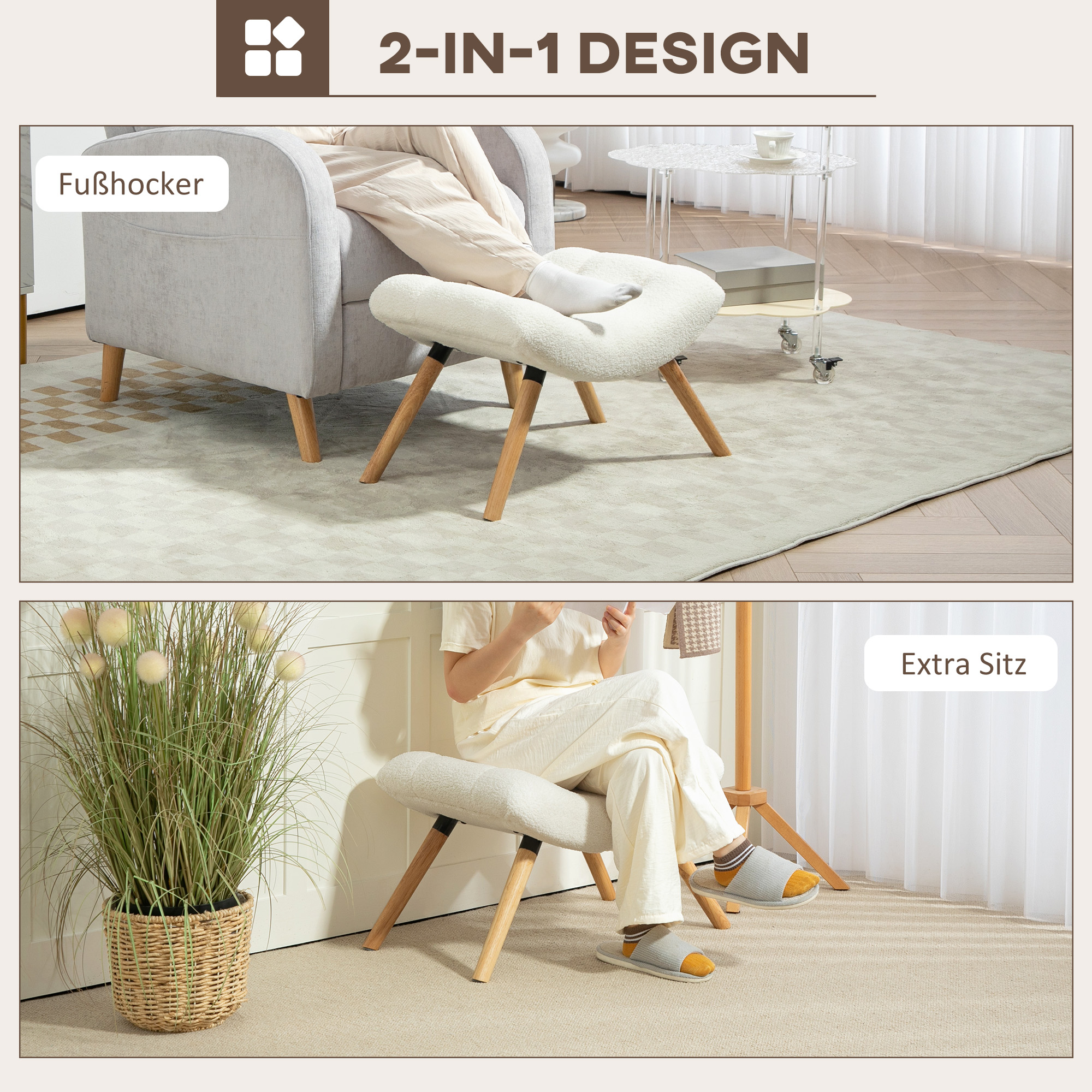 Moderner Fußhocker mit Fleece-Bezug und Holzbeinen, gepolstert, für Wohnzimmer, Schlafzimmer, Flur, Cremeweiß
