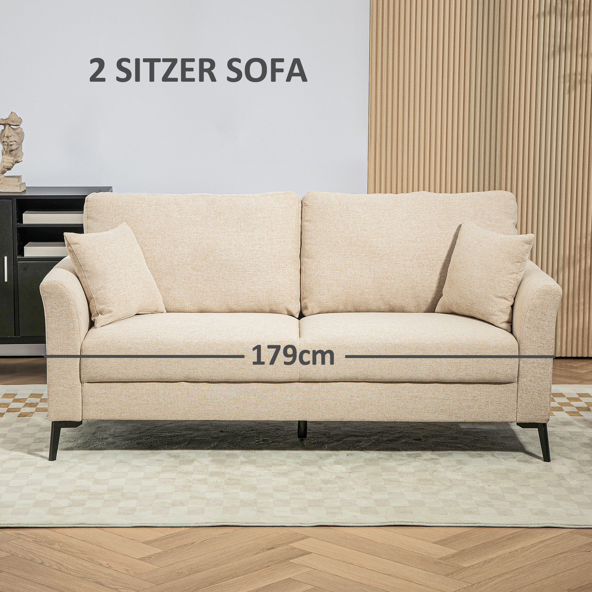2-Sitzer Sofa mit Leinenoptik, dicke Polsterung, bis 360 kg, 179 x 80 x 89 cm, Beige