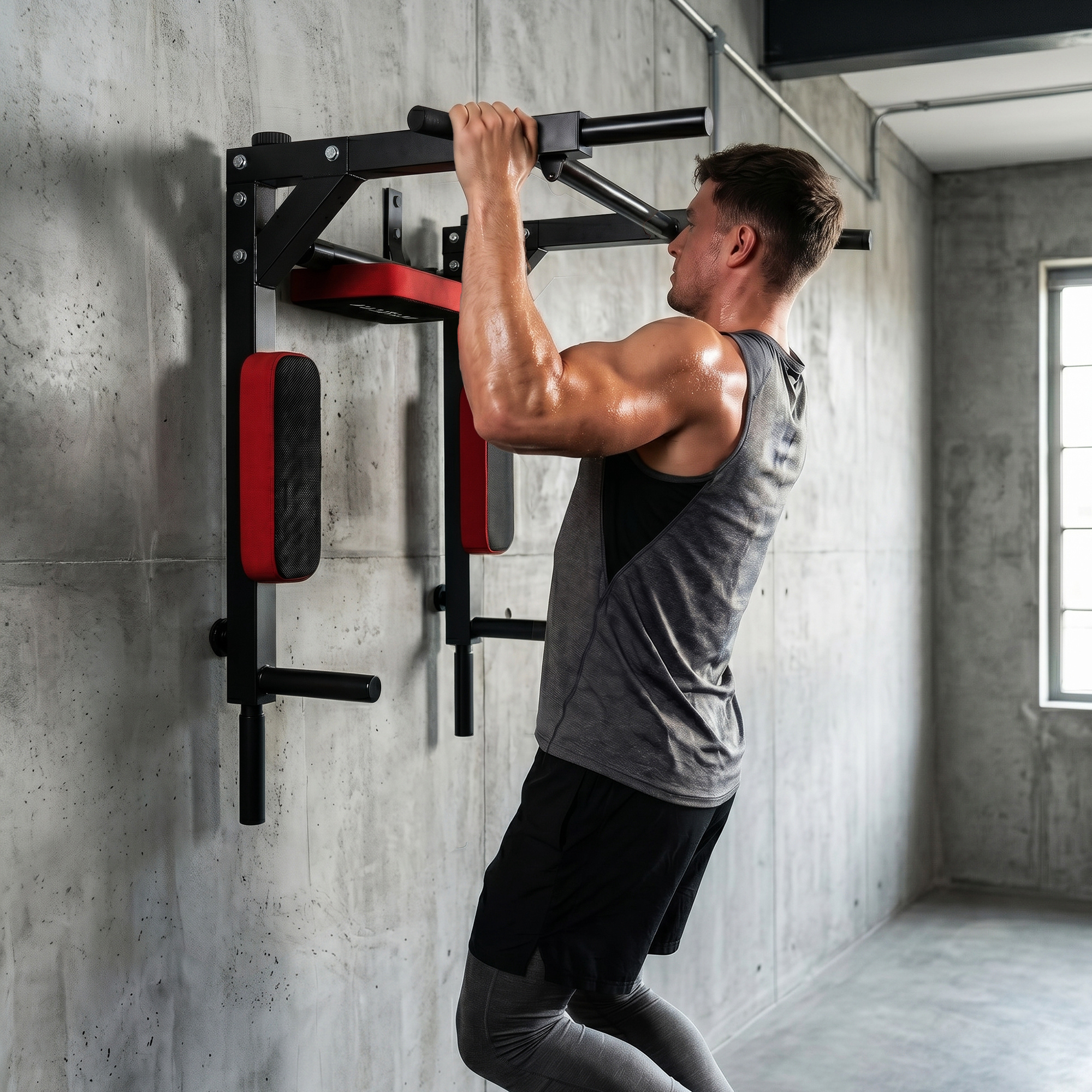 Wand-Klimmzugstange, 2-in-1 Profi-Klimmzug- und Dipstation für das Heimtraining, bis 200 kg, Rot