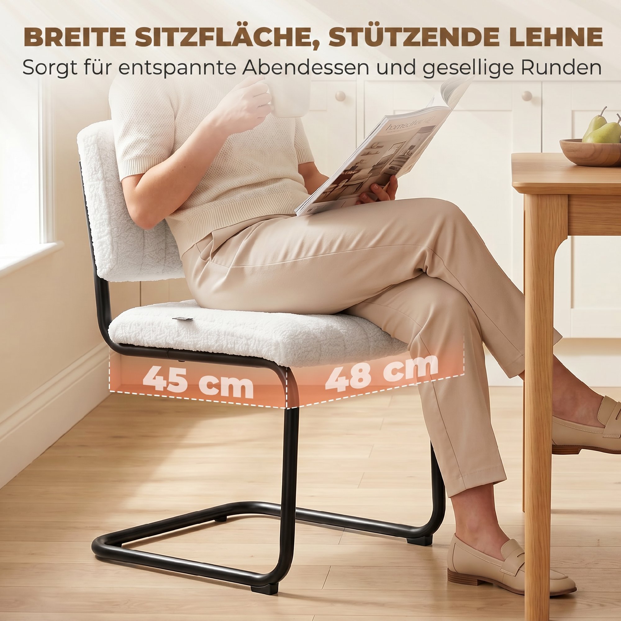 Esszimmerstühle 2er Set modern Freischwinger Stuhl mit hoher Rückenlehne, Teddyfleece-Optik für Küche, Esstisch Creme