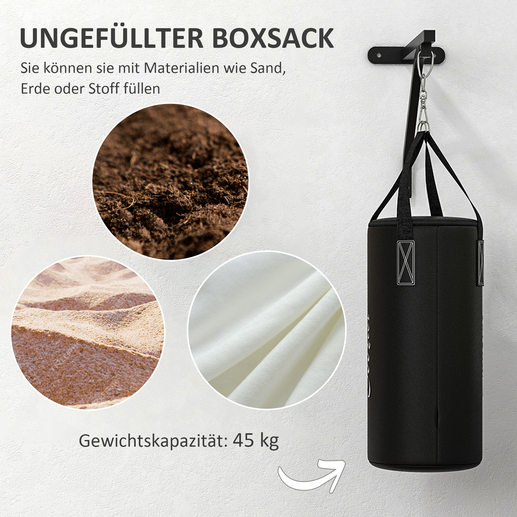 Boxsack, befüllbar, mit Wandhalterung, Handschuhen und Bandagen, bis 45 kg, Schwarz