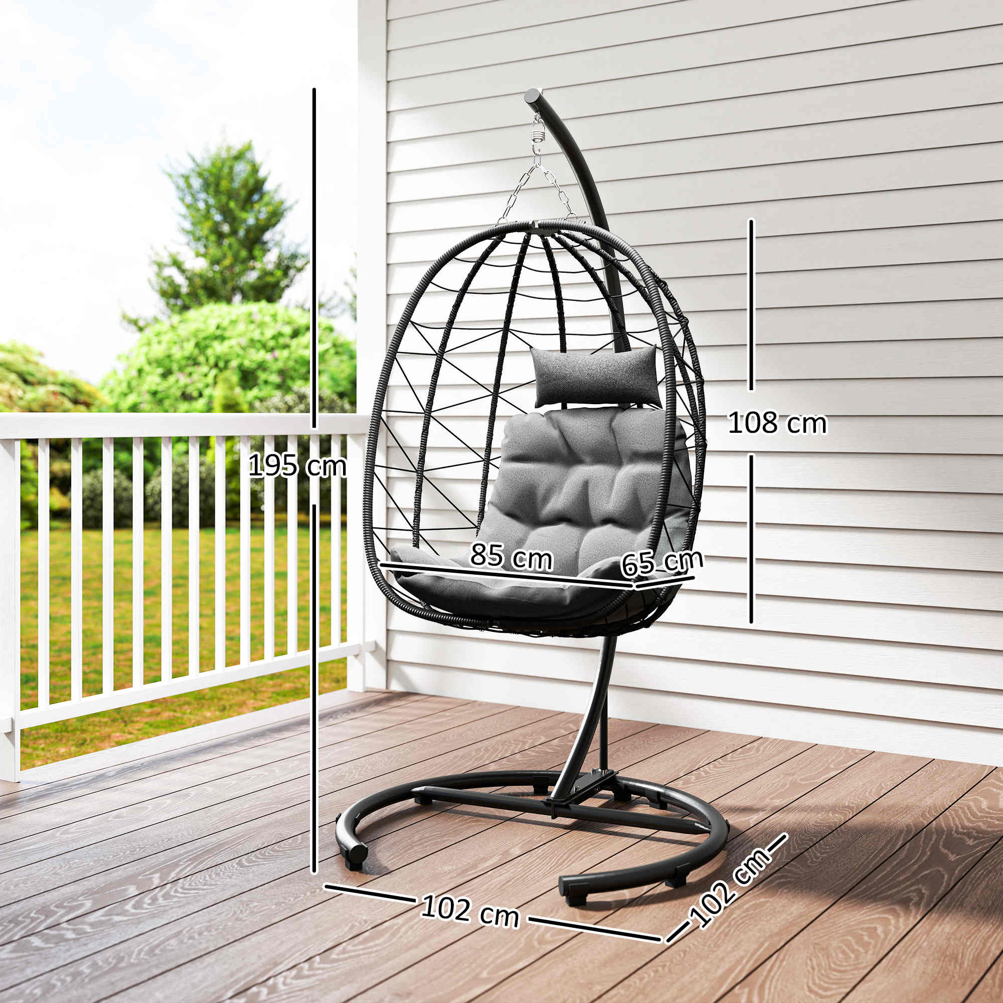 Hängesessel Outdoor Hängesessel Egg Chair, wetterbeständig, inkl. Polster, 102 cm x 102 cm x 195 cm, Dunkelgrau