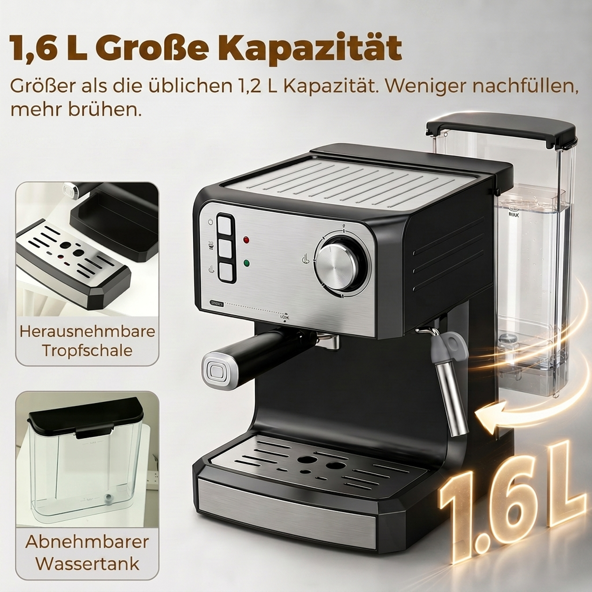Espressomaschine, 20-Bar-Kaffeemaschine mit Milchaufschäumdüse, 1,6-l-Wassertank, Schwarz