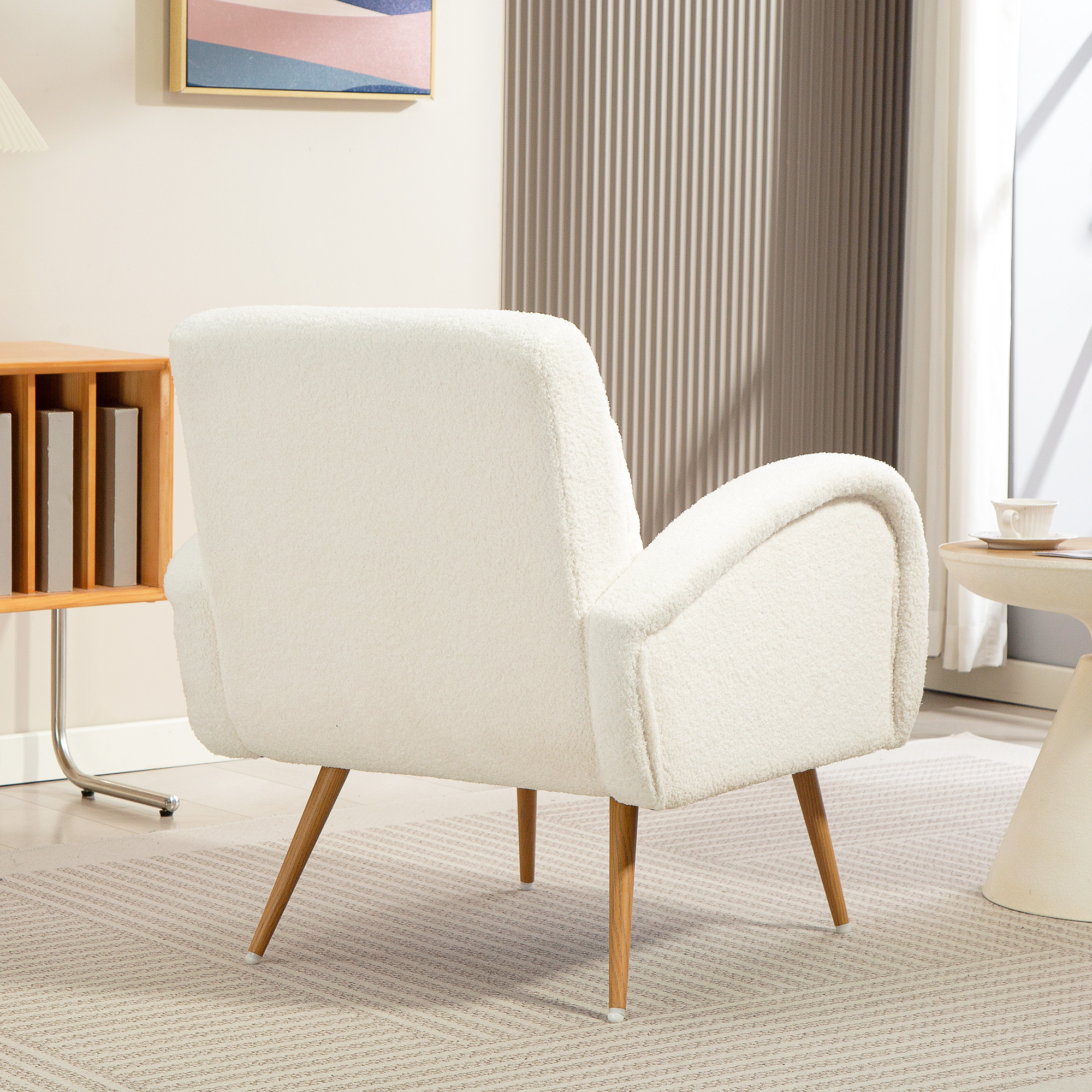 Polstersessel, Fleece-Bezug, gepolsterter Armlehnstuhl mit Lendenkissen, Metallbeine, Lesesessel, Cremeweiß