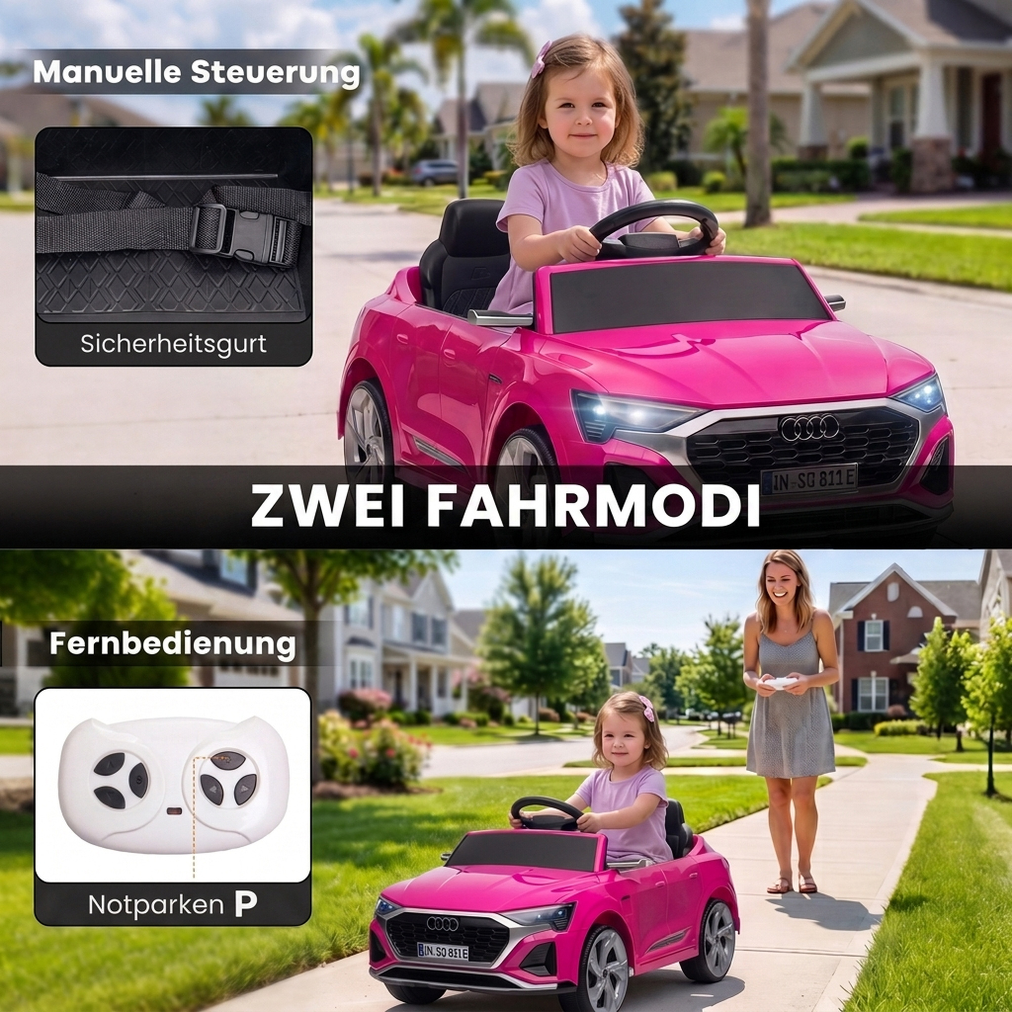 Kinder Elektroauto 12V Kinderauto mit Fernbedienung 2 Motor Sanftanlauf 4-Rad-Federung LED-Scheinwerfern Hupe Musik