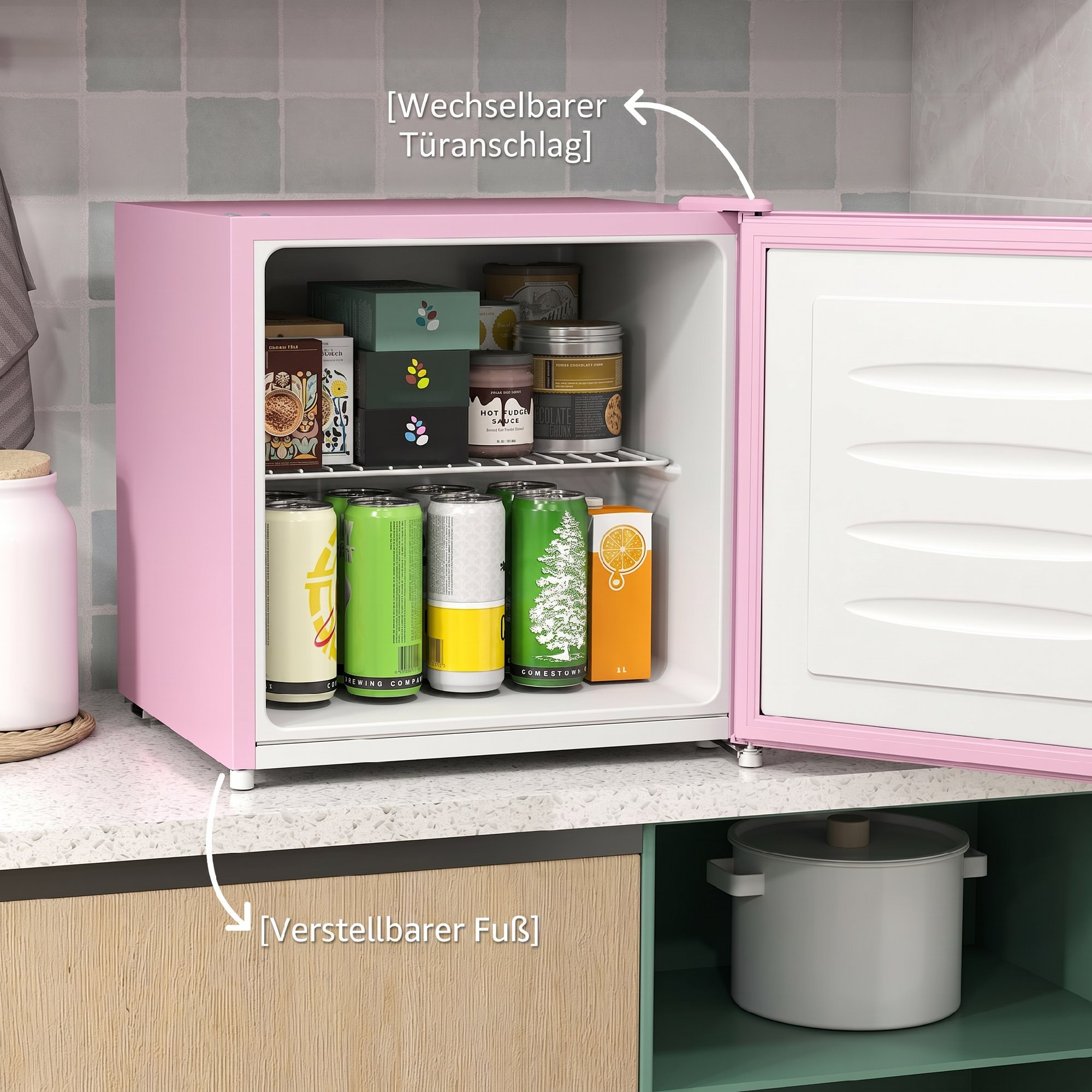 Tischgefrierschrank mit 35 Liter Kapazität, kleiner Gefrierschrank mit umkehrbarer Tür, Rosa