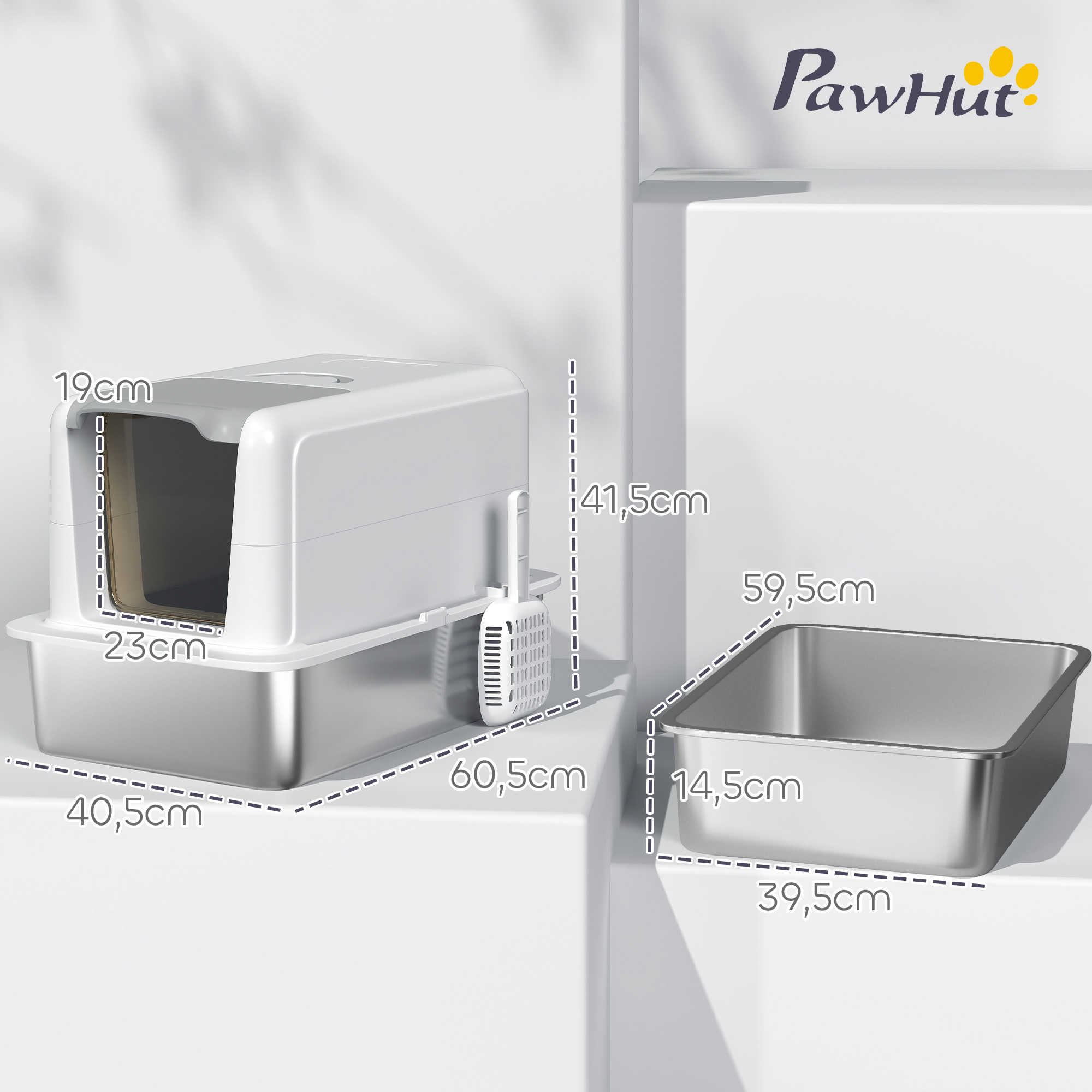 Katzentoilette, Wanne aus Edelstahl, Filter, Schaufel, für Katzen bis 6 kg, 40,5 x 60,5 x 41,5 cm, Weiß/Silber