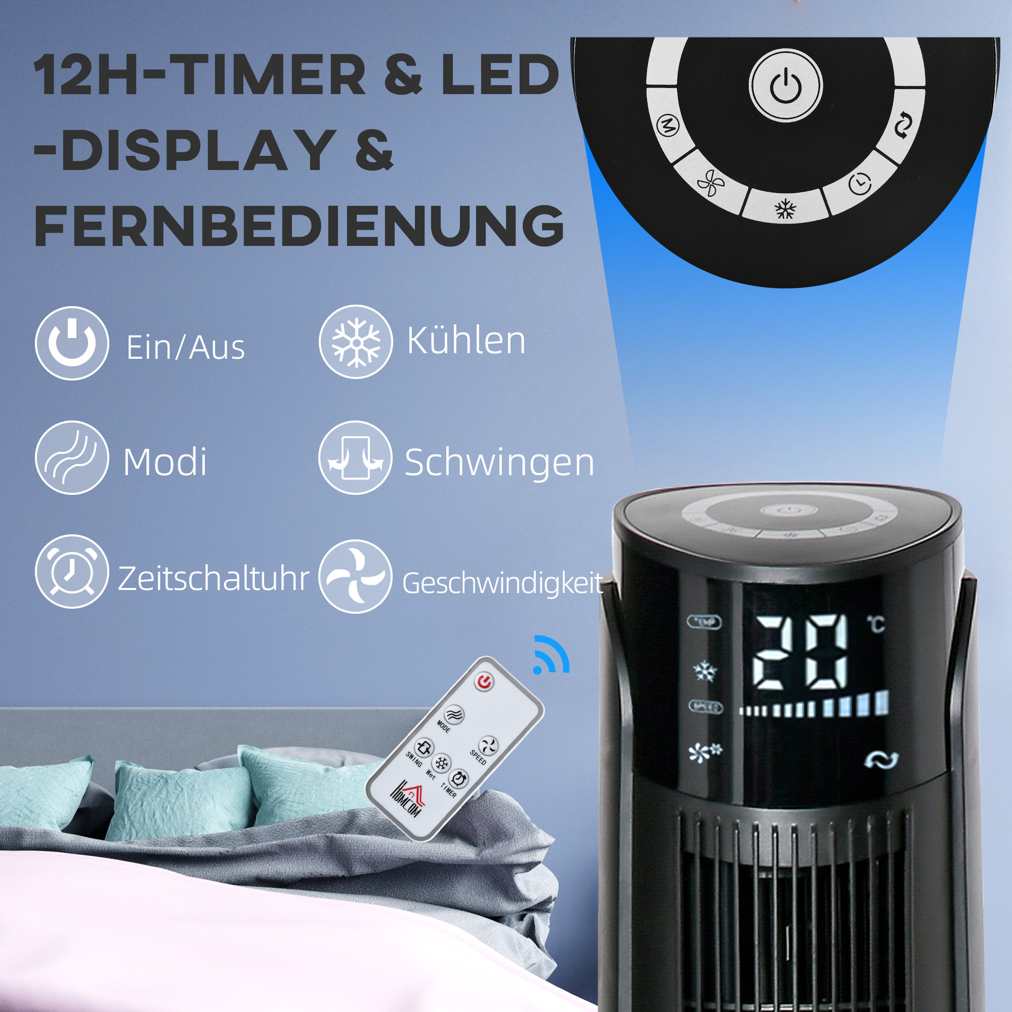 Turmventilator, Klimaanlage mit 4 Modi, 3 Geschwindigkeiten, Timer, Kunststoff
