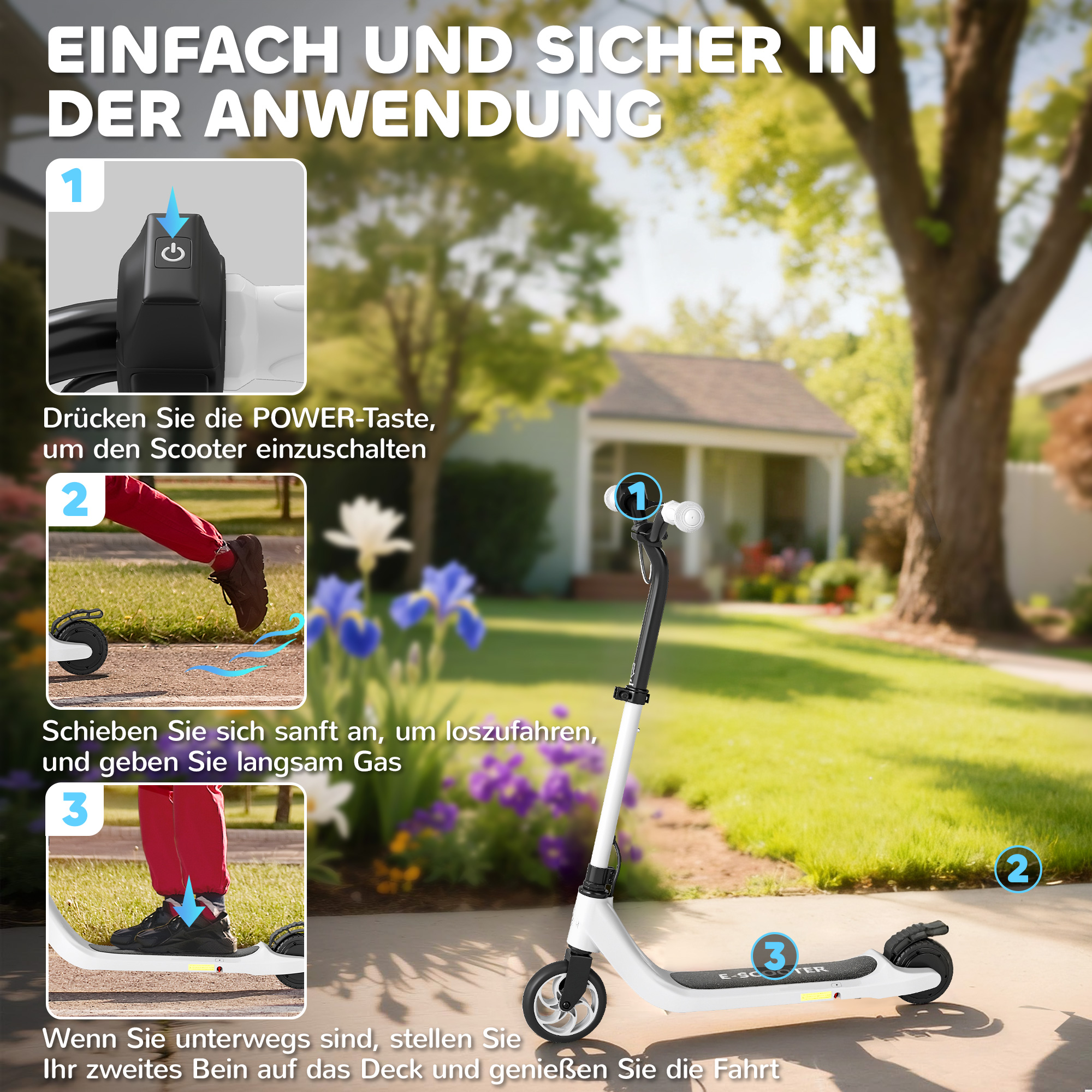 E-Scooter, Elektro-Tretroller, 6 km Reichweite, ab 6 Jahren, Stahlrahmen, schwarz+weiß, 76 x 53 x 95cm