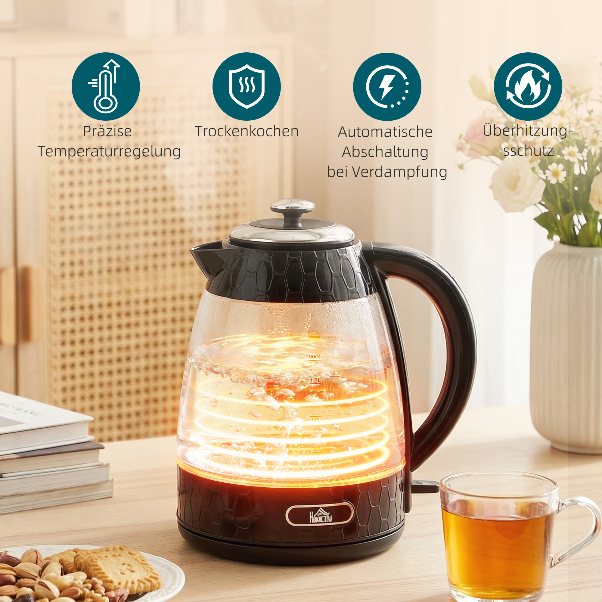 1,7L 2200W Schnellkoch-Wasserkocher und 4-Scheiben-Toaster-Set mit Kalkfilter, Schwarz