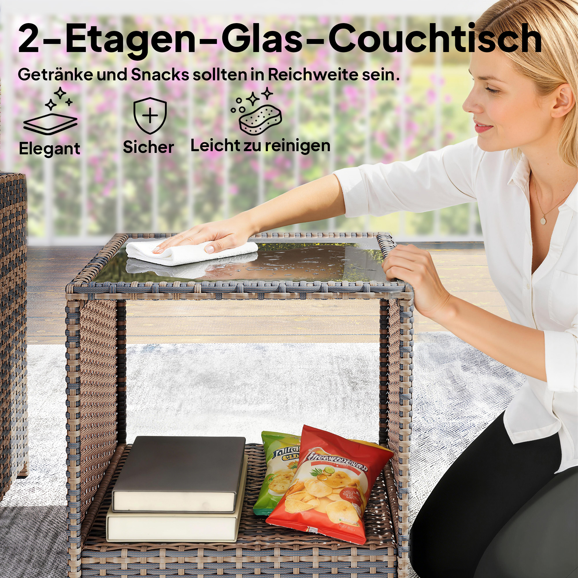Rattan Gartenmöbel Set 5-teiliges Balkonmöbel Set mit 2 Stühle Kissen Hocker Tisch Staufach Cremeweiß