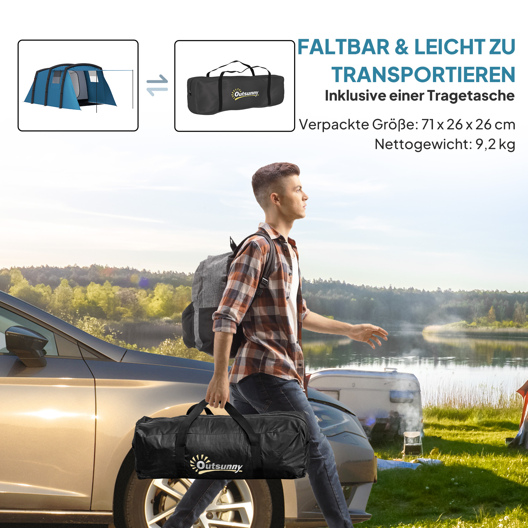 Aufblasbares Campingzelt 3-6 Personen Outdoor Tunnelzelt mit Seitenfenstern Tür Luftträger 4,4 x 2,8 x 1,95 m Blau