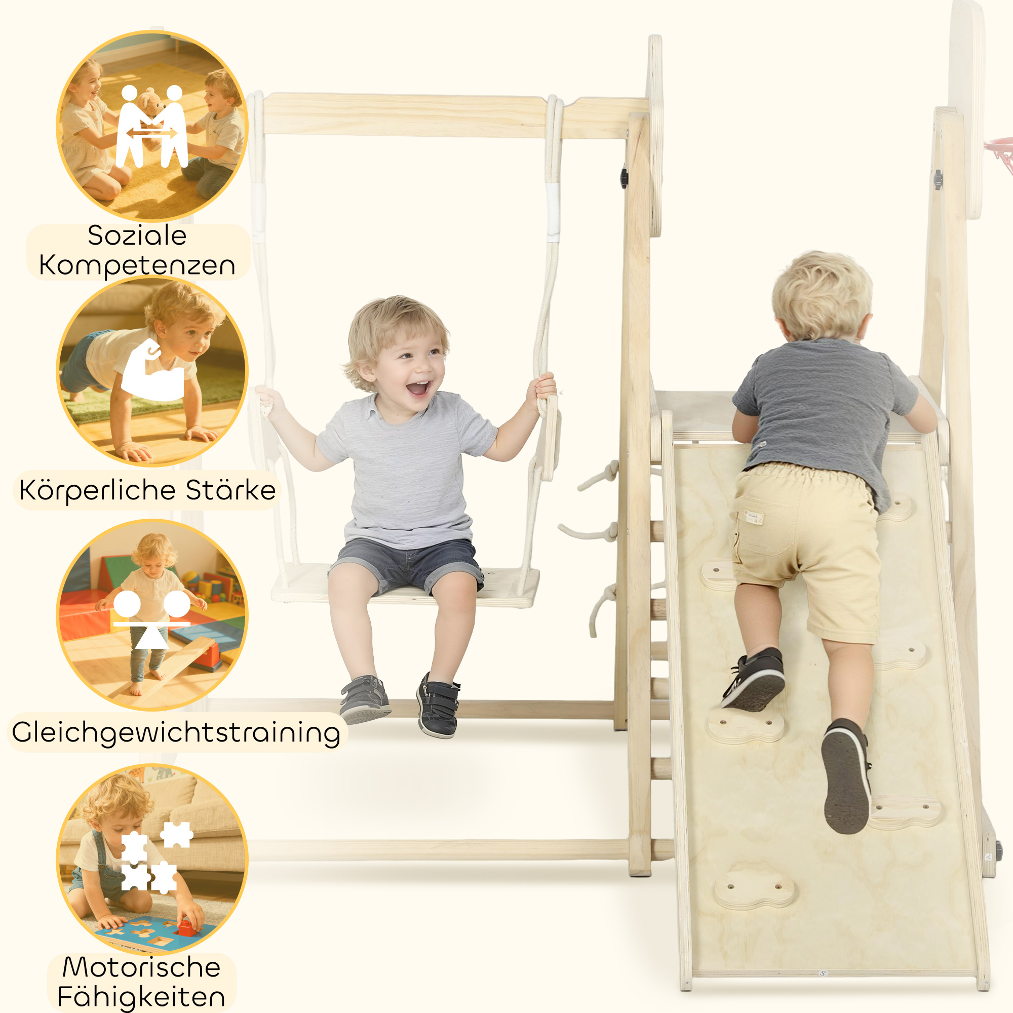 5-in-1 Indoor-Klettergerüst mit Rutsche, Schaukel, Kletternetz, Basketballkorb, klappbar, 3-6 Jahre, Naturholz