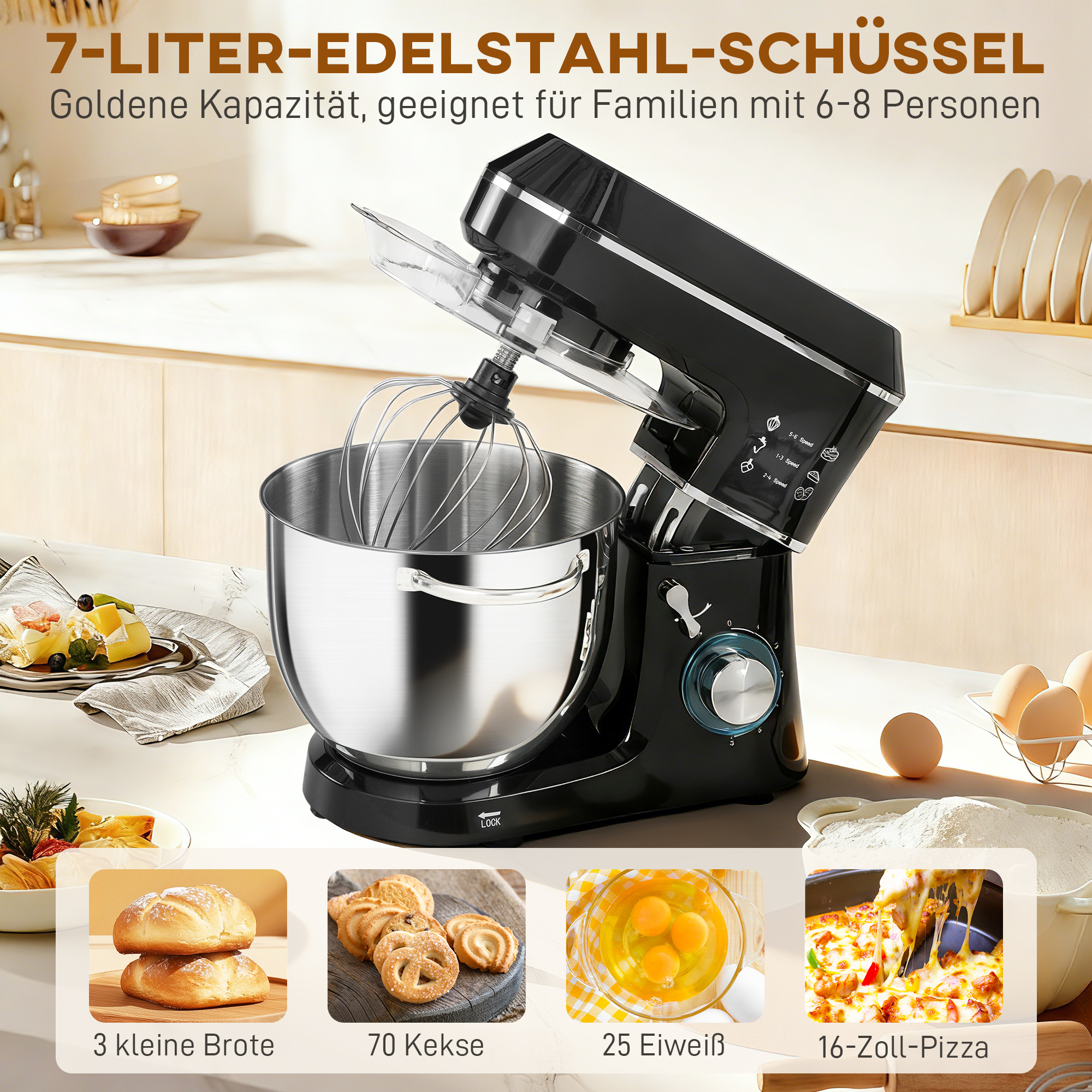 Küchenmaschine Knetmaschine mit 7L Edelstahlschüssel 1400W mit Kippkopf, Knethaken, Schneebesen, Rührbesen
