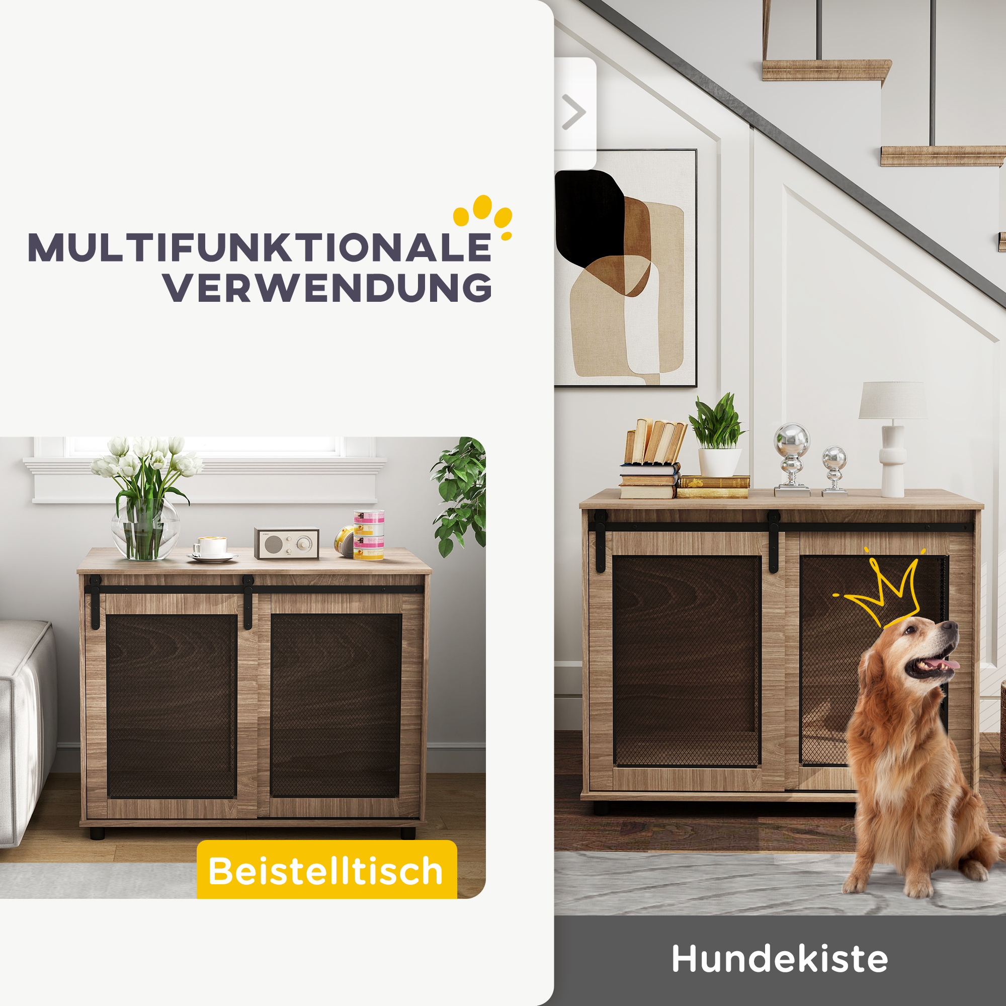 Hundebox, Transportbox für Hunde, Rückzugsbox für Haustiere, verschließbare Türen, 98 x 60 x 78 cm, Hellbraun